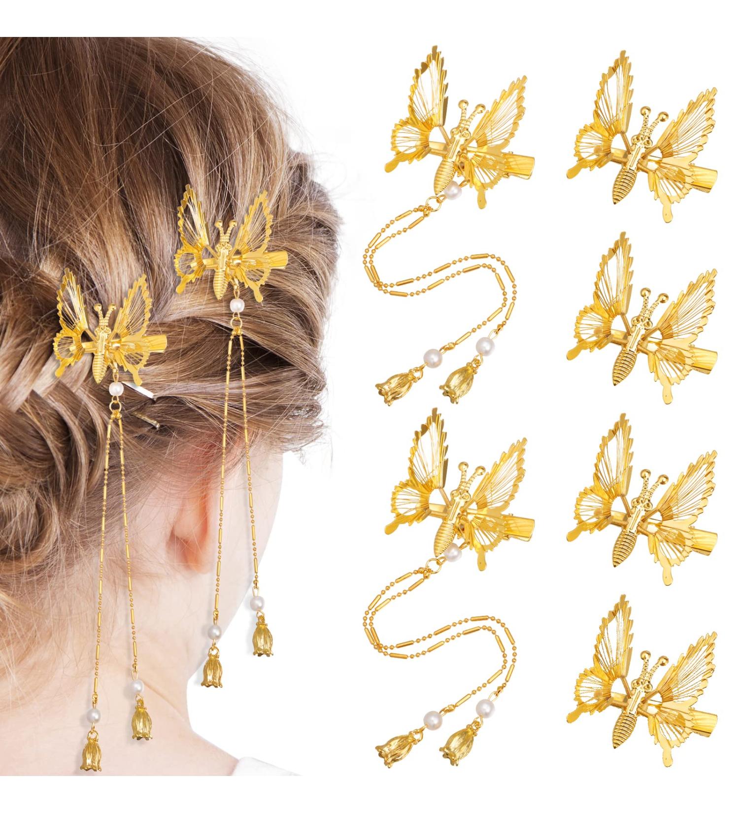 Fuyamp 6 Pcs 3D Moving Butterfly Hair Clips - Gold Tassel Hair Pins for Women & Girls - Buy Online on GoSupps.com