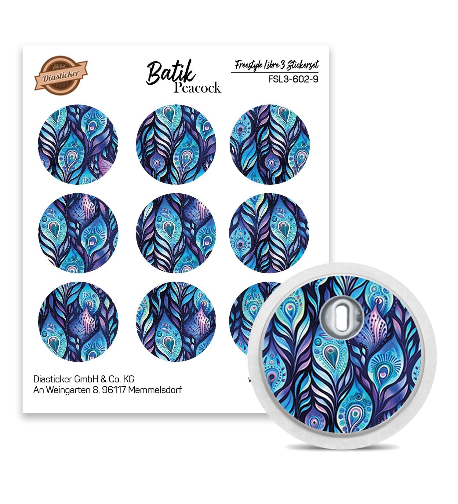 FreeStyle Libre 3 Sensor Stickers - Set of 9 "Batik Peacock" - Stickers for sensors | Diasticker