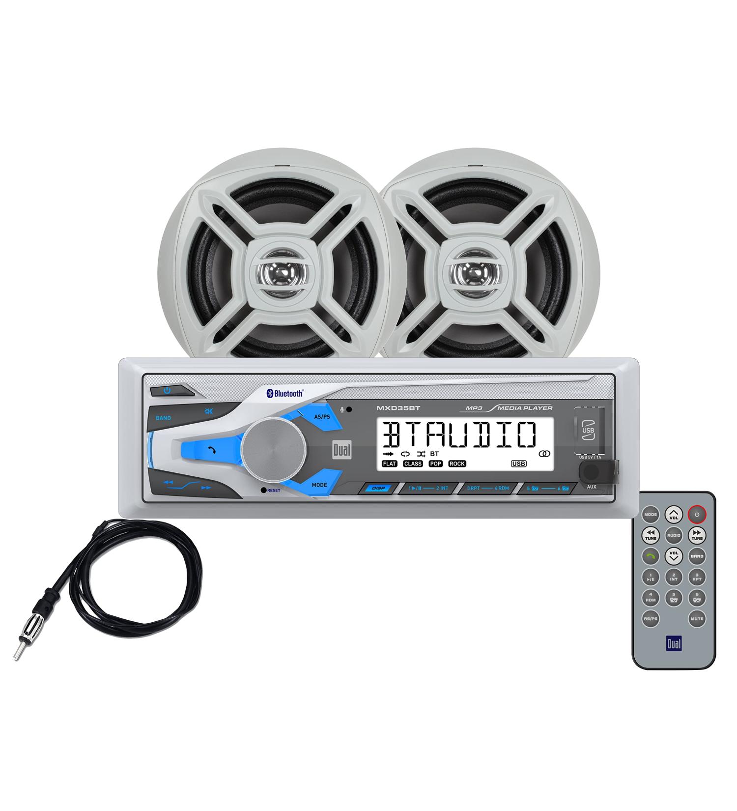 Dual Electronics WCP365BT Marine Single DIN Stereo Receiver with AM/FM Tuner  Built-in Bluetooth  USB Port  Two 6.5 inch Dual Cone Marine Speakers & Marine Antenna Combo - Buy Online on GoSupps.com