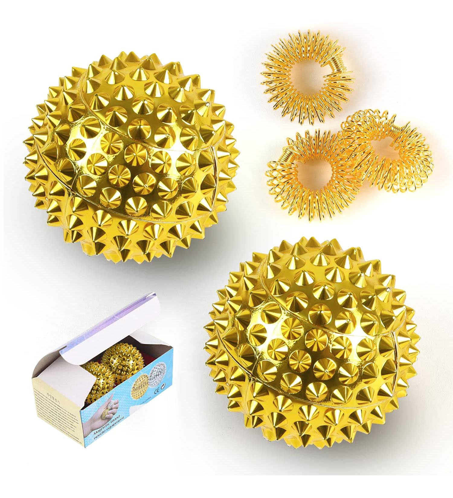 Magnetic Acupressure Balls & Hedgehog Massage Rings Set - Stress Relief & Relaxation | 2 Pcs Acupressure Balls & 3 Pcs Finger Massage Rings (Gold) | International Shipping - Buy Online on GoSupps.com