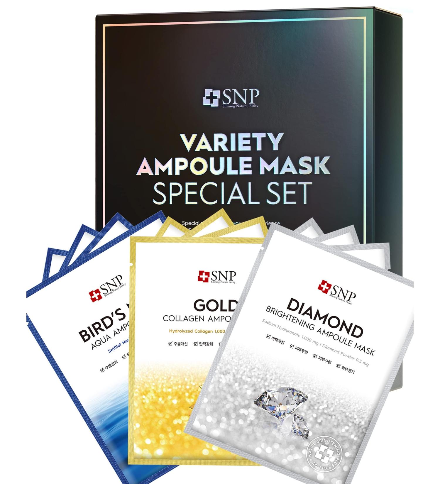 SNP Variety Ampoule Sheet Mask Set - Bird's Nest 24K Gold & Diamond Masks | Hydrating Brightening Korean Skincare | 12 Pack for Sensitive Skin - Buy Online on GoSupps.com