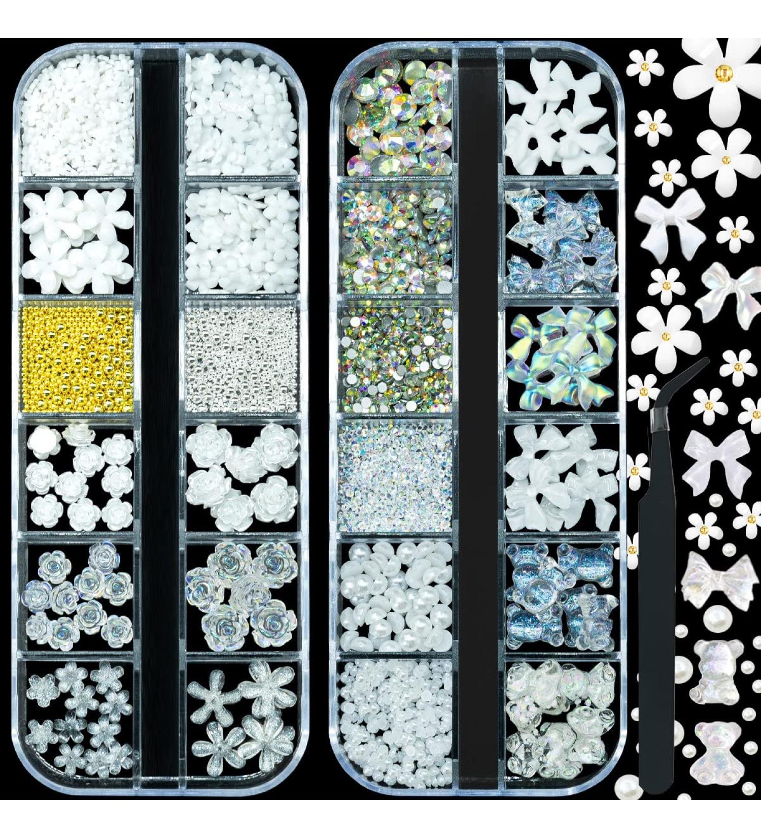 2400pcs 3D Nail Charms Kit: Flower Butterfly Bear Bow in White/Aurora Rose, Golden Silver Metal Caviar Beads, Rhinestones & Resin Flowers for Nail Art - 2 Box Mix Flowers & More - Buy Online on GoSupps.com