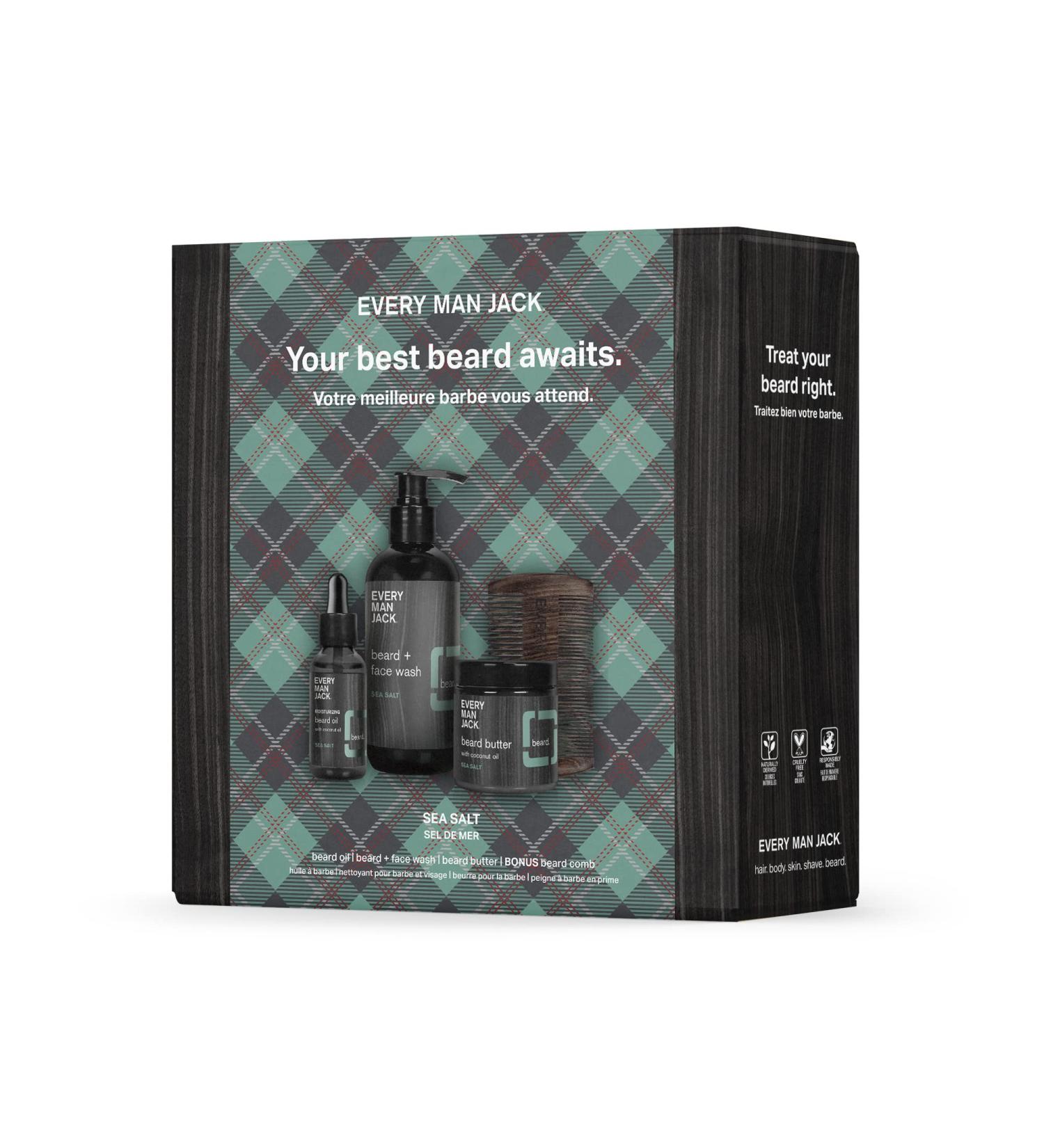 Every Man Jack Mens Sea Salt Beard Kit - Perfect for Every Guy - Includes Four Full-Sized Grooming Essentials - Beard + Face Wash Beard Oil Beard Butter + Beard Comb - Buy Online on GoSupps.com