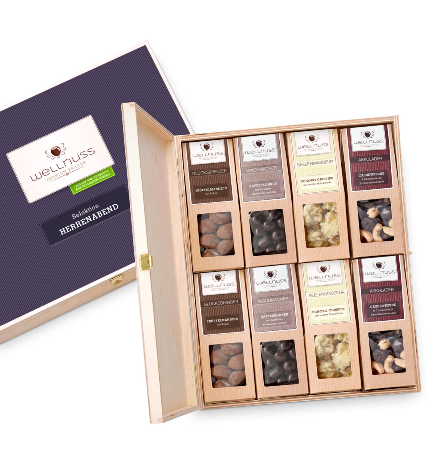 Buy Mens Evening Best of Chocolate Gift Set | 8 Premium Snacks with Noble Nuts in Birch Wood Box | Perfect Gift for Men Friends & Family | Wellnut Premium - Buy Online on GoSupps.com