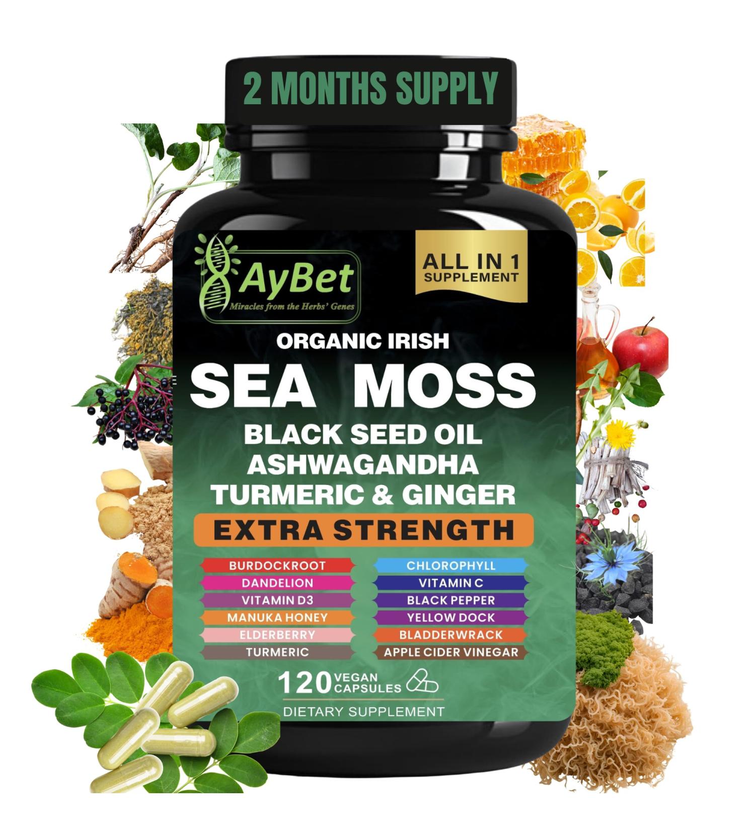 Organic Irish Sea Moss Black Seed Oil Ashwagandha Turmeric Ginger Capsule Bladderwrack Burdock VIT C&VIT D3 Elderberry Manuka Honey Dandelion Yellow Dock Apple Cider Vinegar Halal Vegan - Buy Online on GoSupps.com