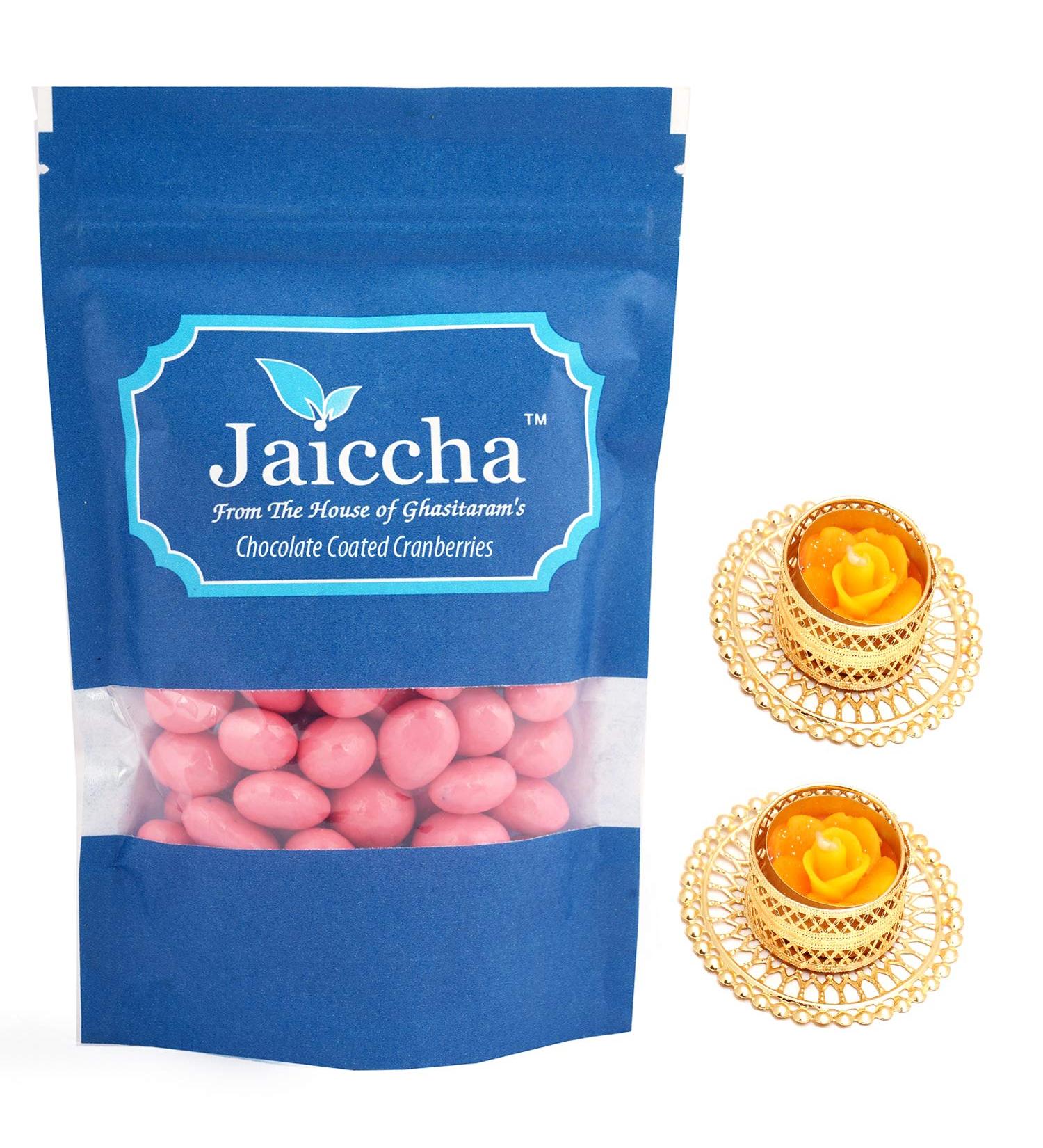 Jaiccha Ghasitaram Diwali Gifts Chocolate - Chocolate Coated Cranberries with 2 T-Lites - Buy Online on GoSupps.com