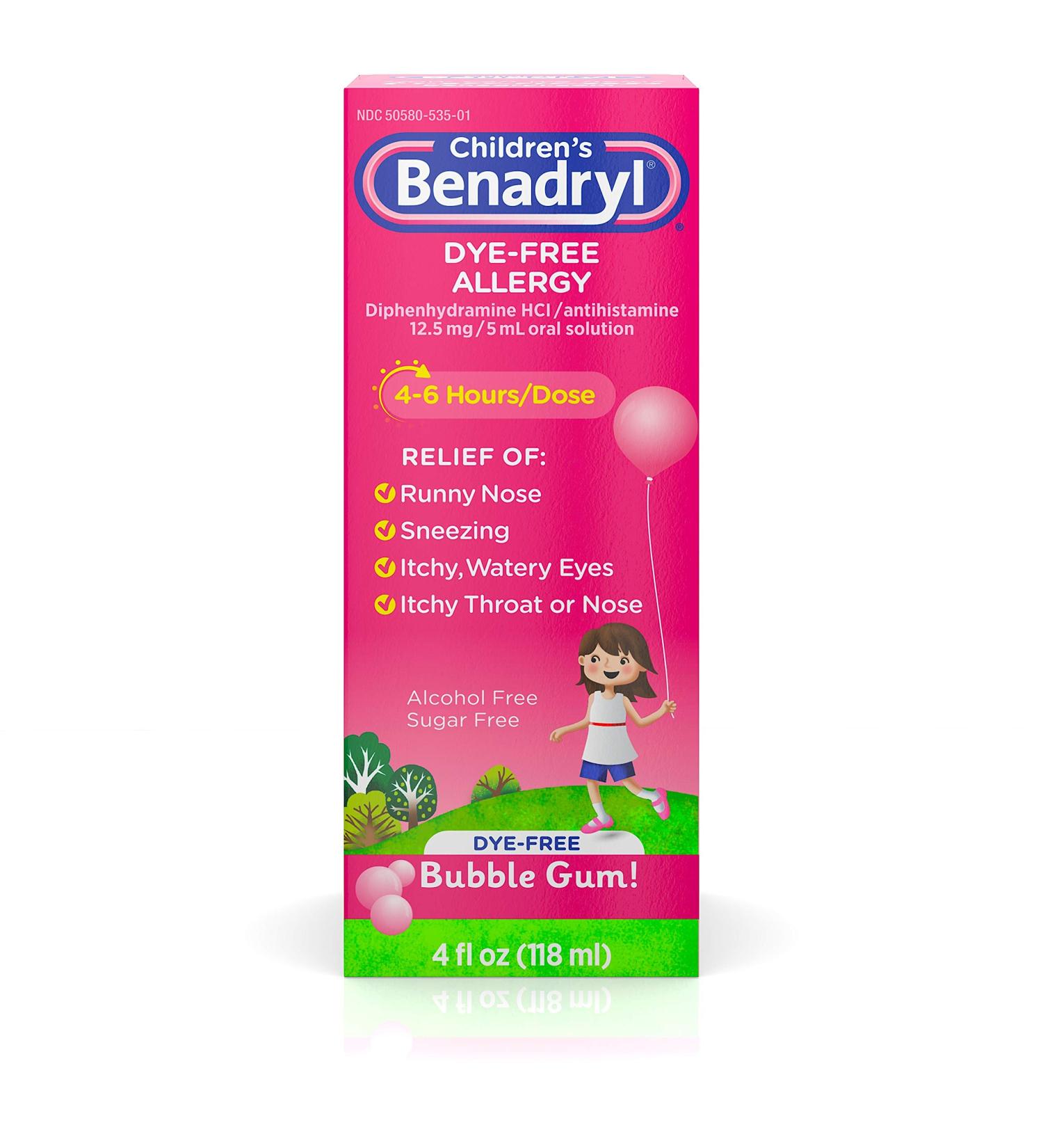 Children's Benadryl Antihistamine Allergy Relief Liquid - Dye-Free, Bubble Gum Flavored - 4 Oz - Buy Online on GoSupps.com