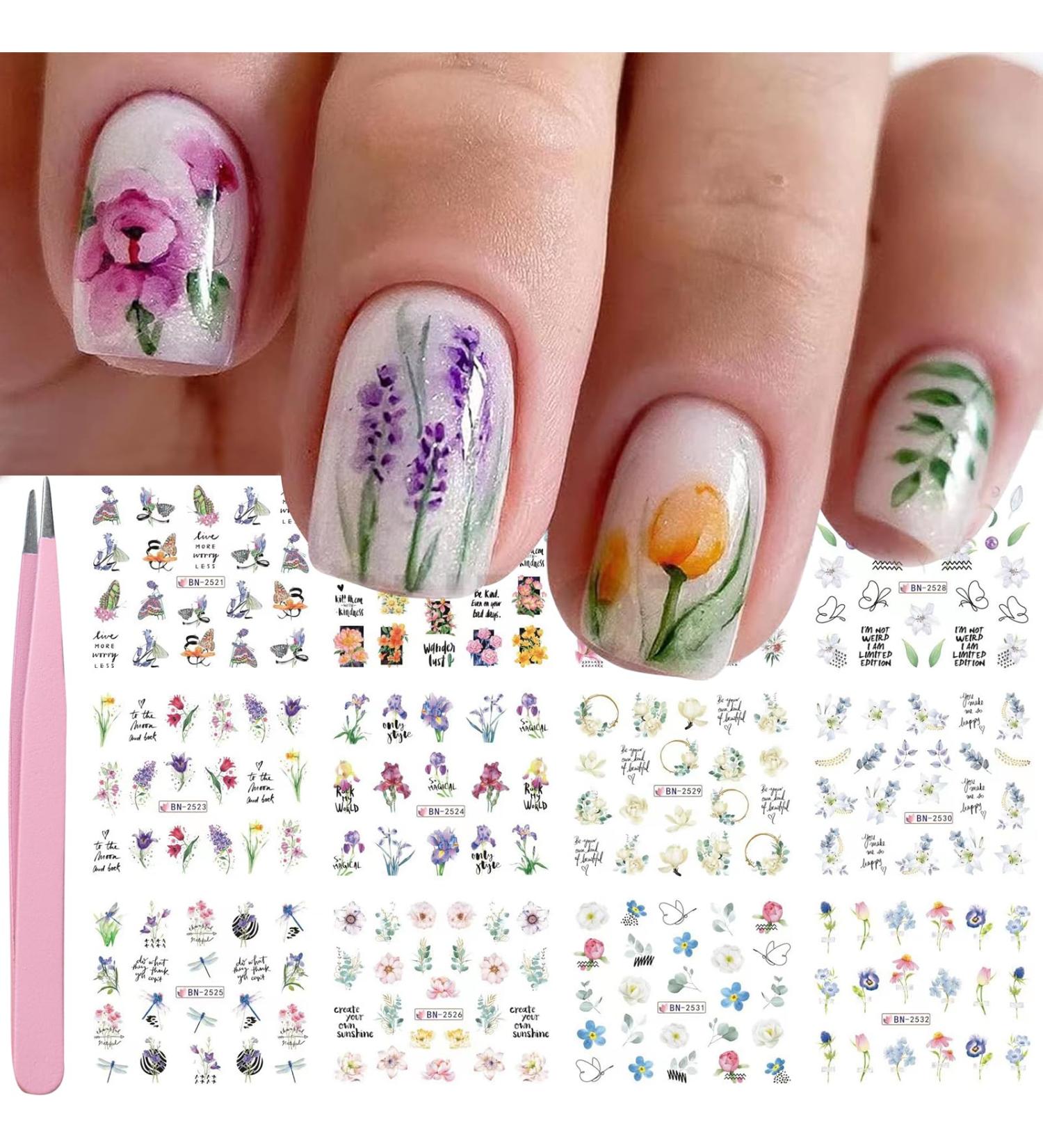 VOTACOS Flower Nail Art Stickers - 12 Sheets of Summer Lily Orchid & Butterfly Designs | Water Transfer Nail Decals for Women - Buy Online on GoSupps.com