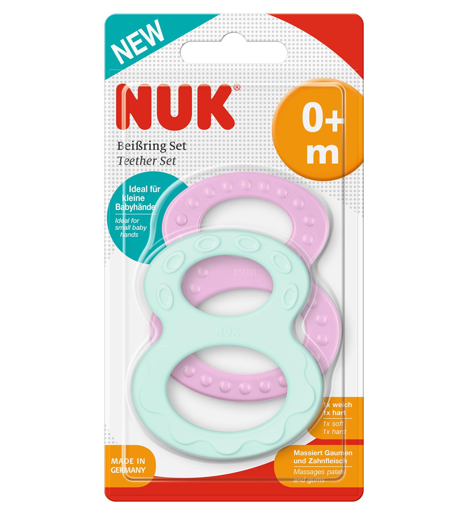 NUK Teething Ring Set - 2 Multi-Coloured Rings with Varied Surfaces for 0+ Months - Perfect for Soothing Baby's Gums - Buy Online on GoSupps.com