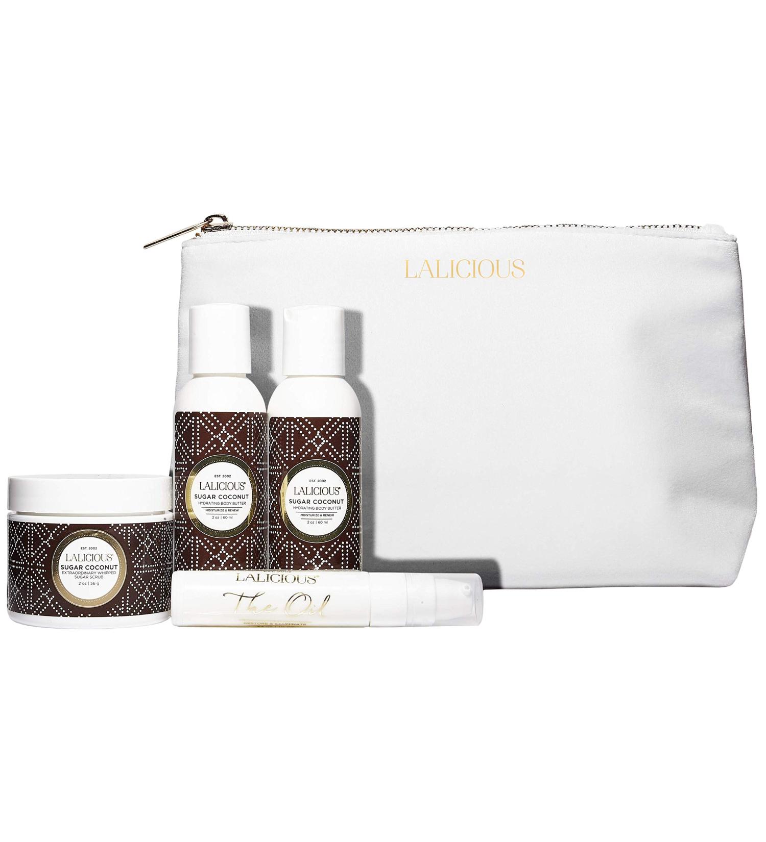 LaLicious Sugar Coconut Travel Set | Whipped Sugar Scrub Shower Gel Body Butter & Oil in Luxe Makeup Bag - Perfect Gift for Skincare Lovers - Buy Online on GoSupps.com