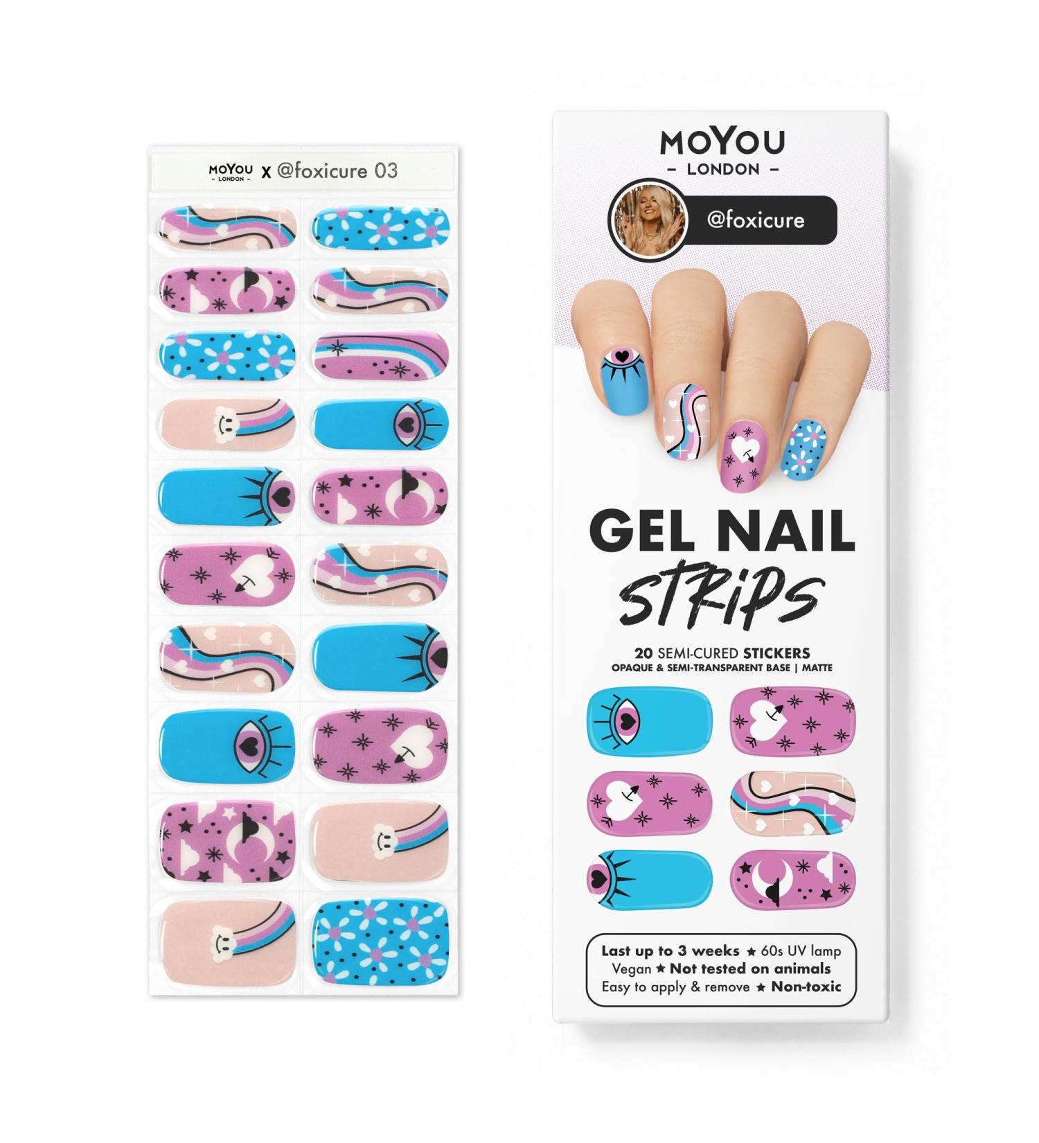 MOYOU LONDON Semi Cured Gel Nail Strips 20 Pc. + Free UV Lamp | Easy Apply & Remove - Foxicure 03 - Buy Online on GoSupps.com
