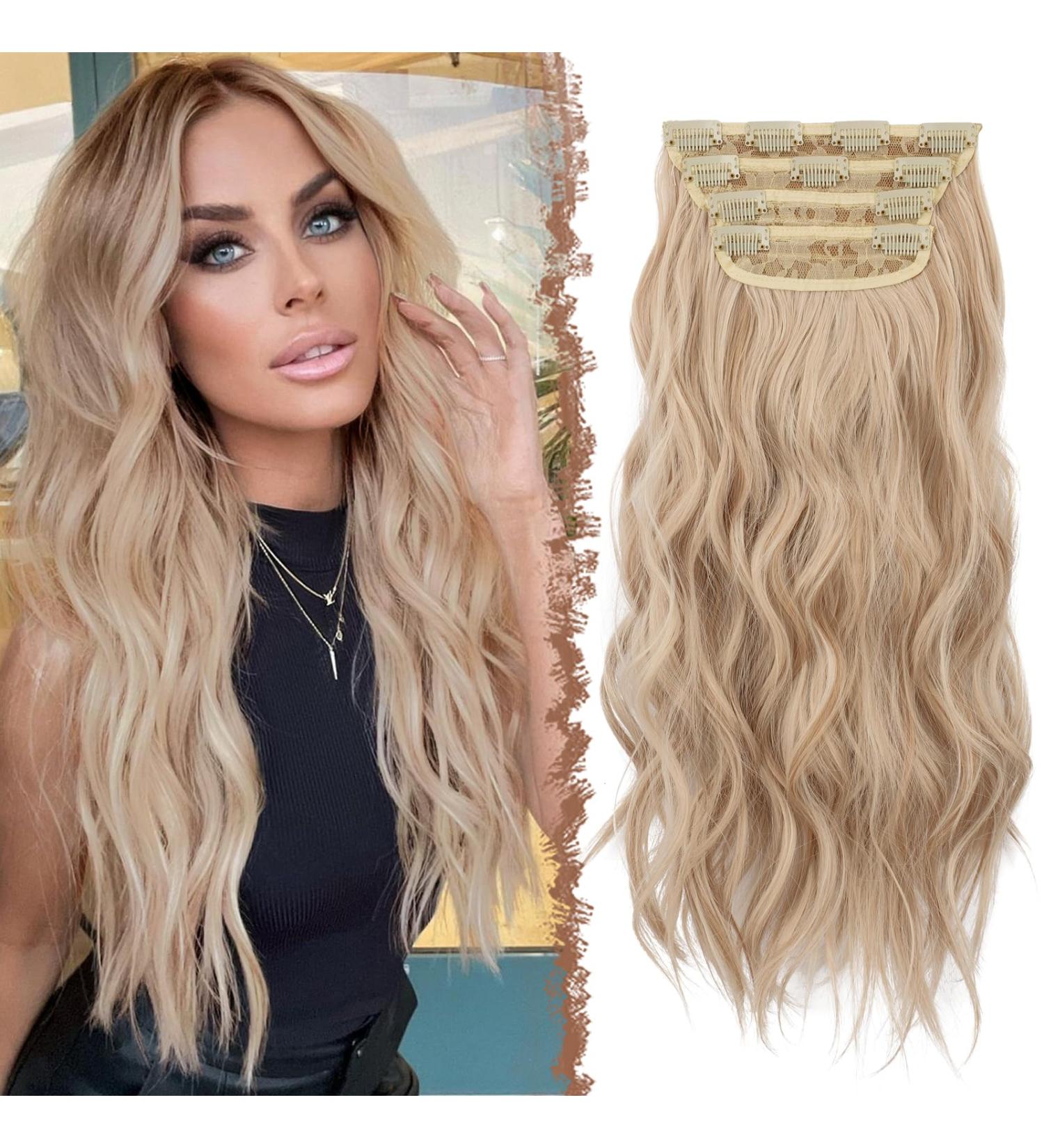 Feshfen Clip-In Hair Extensions - 4PC Synthetic Wavy Honeyblond & Platinum Blonde - 50cm Women's Hair Upgrade - Buy Online on GoSupps.com