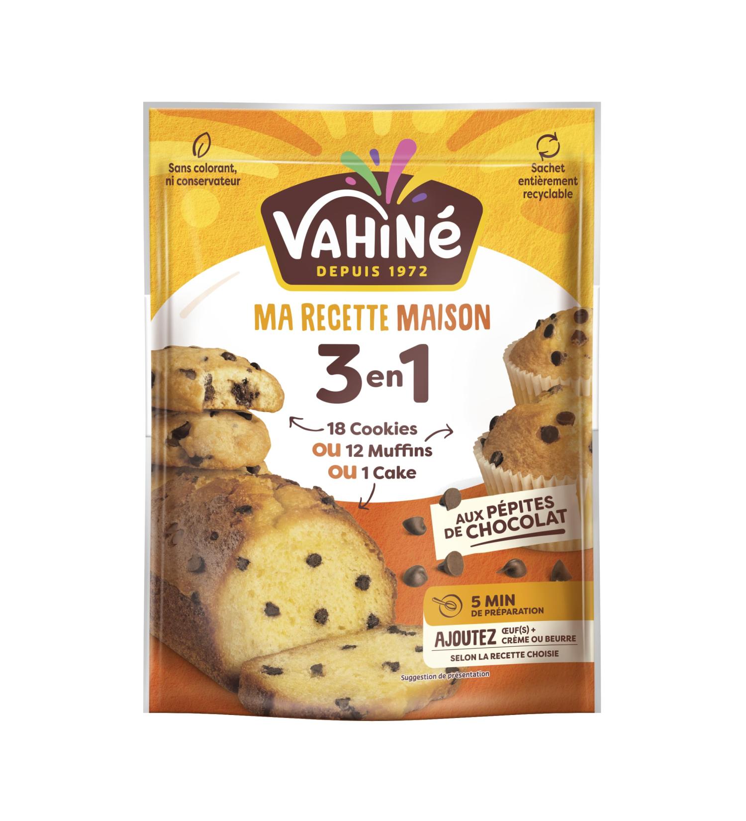 VAHINÉ - 3 in 1 chocolate chip preparation for muffins, cookies and dark chocolate chip cake 300g