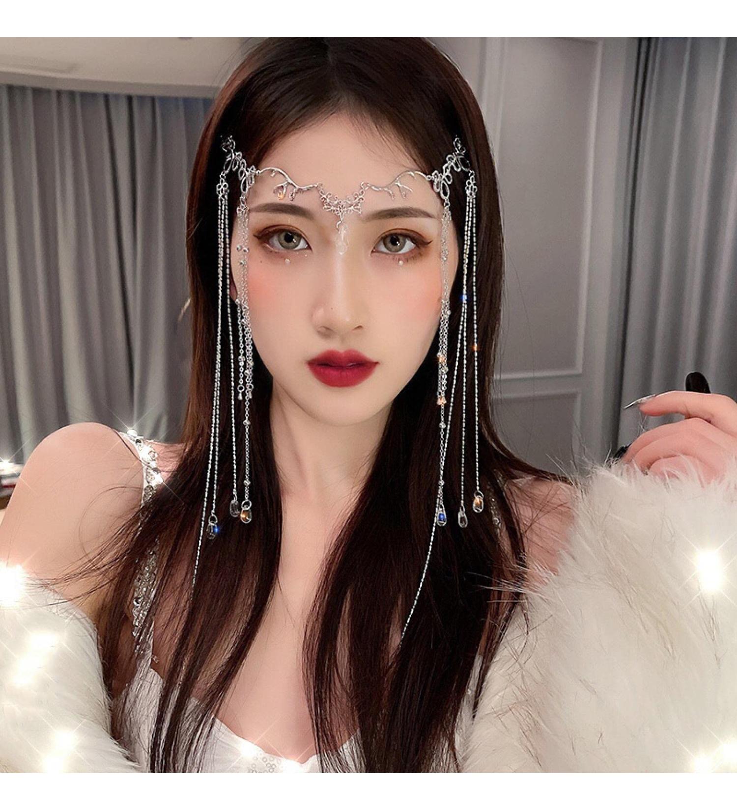 Chinese Retro Tassel Headpiece for Women - Rhinestone Festival Hairpin with Crystal Water Drop Tassels and Face Curtain Eyebrow Pendant in Silver - Buy Online on GoSupps.com