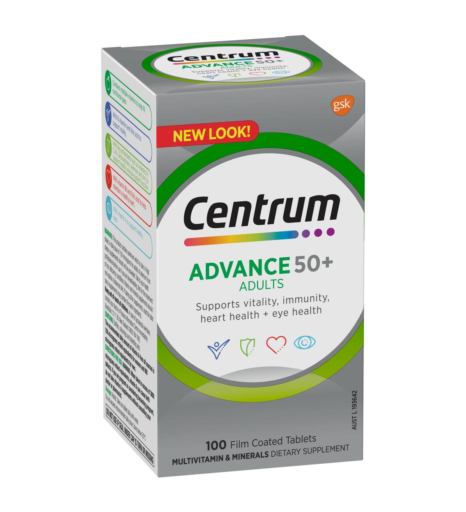 Centrum Advance 50+ Multivitamin - 100 Tablets for Seniors | Boost Health & Vitality - Buy Online on GoSupps.com