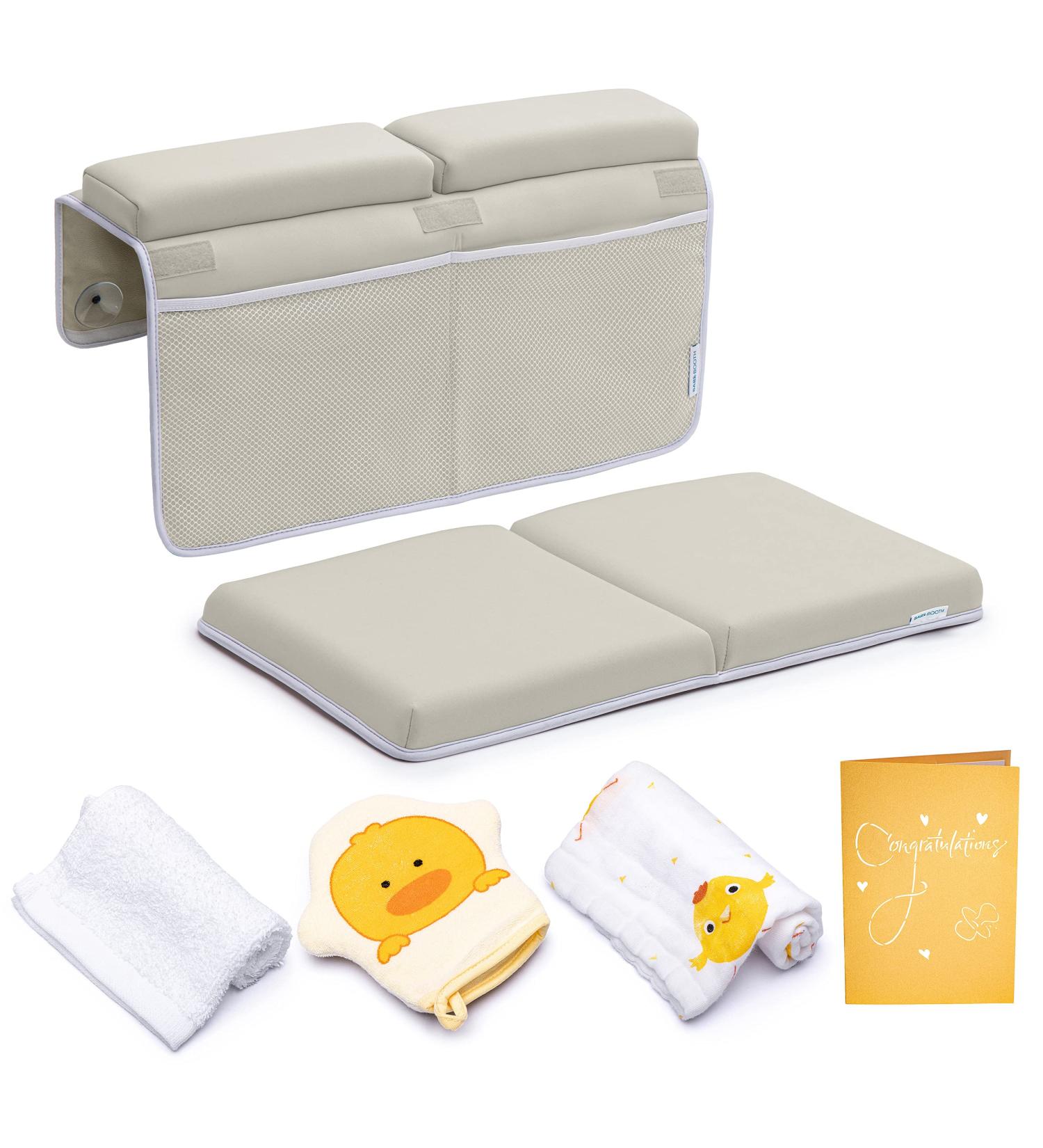 Bath Kneeler & Elbow Rest Pad Set | 1.75 Thick Mat for Knee & Arm Support | Large Bathtub Kneeling Mat with Toy Organizer | Beige | Happy Baby Bathing Time - Buy Online on GoSupps.com