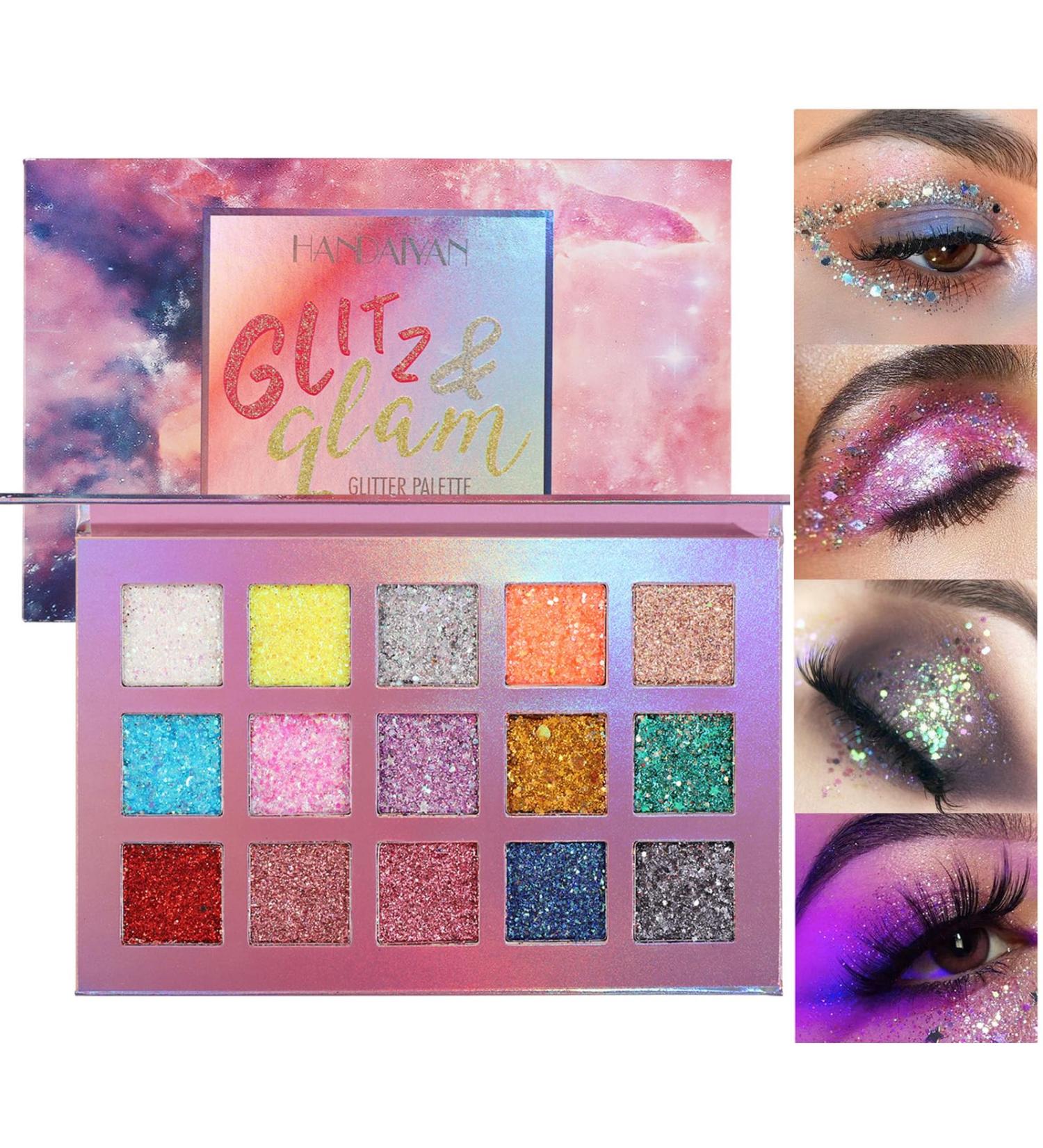 Rechoo 15 Color Glitter Eyeshadow Palette | Sparkling & Shimmering Makeup for Festivals | Colorful Sequins & Chunky Glitter Gel - Buy Online on GoSupps.com