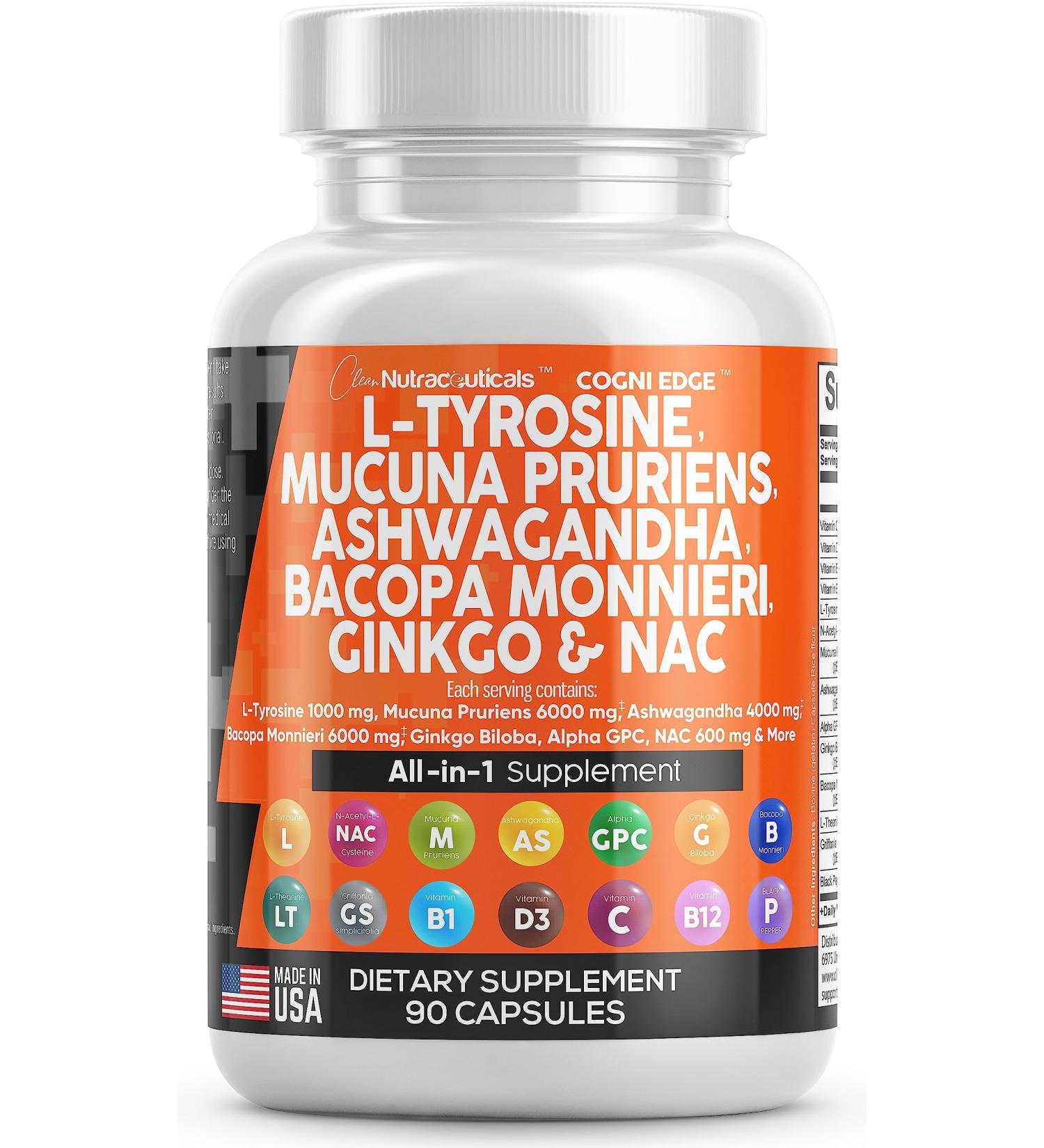 Focus Supplement with L-Tyrosine, Mucuna Pruriens, Bacopa Monnieri, Ashwagandha, N-Acetyl Cysteine, 5-HTP, Ginkgo Biloba & More - 1000mg/6000mg/500mg/4000mg/600mg - USA Made - Buy Online on GoSupps.com