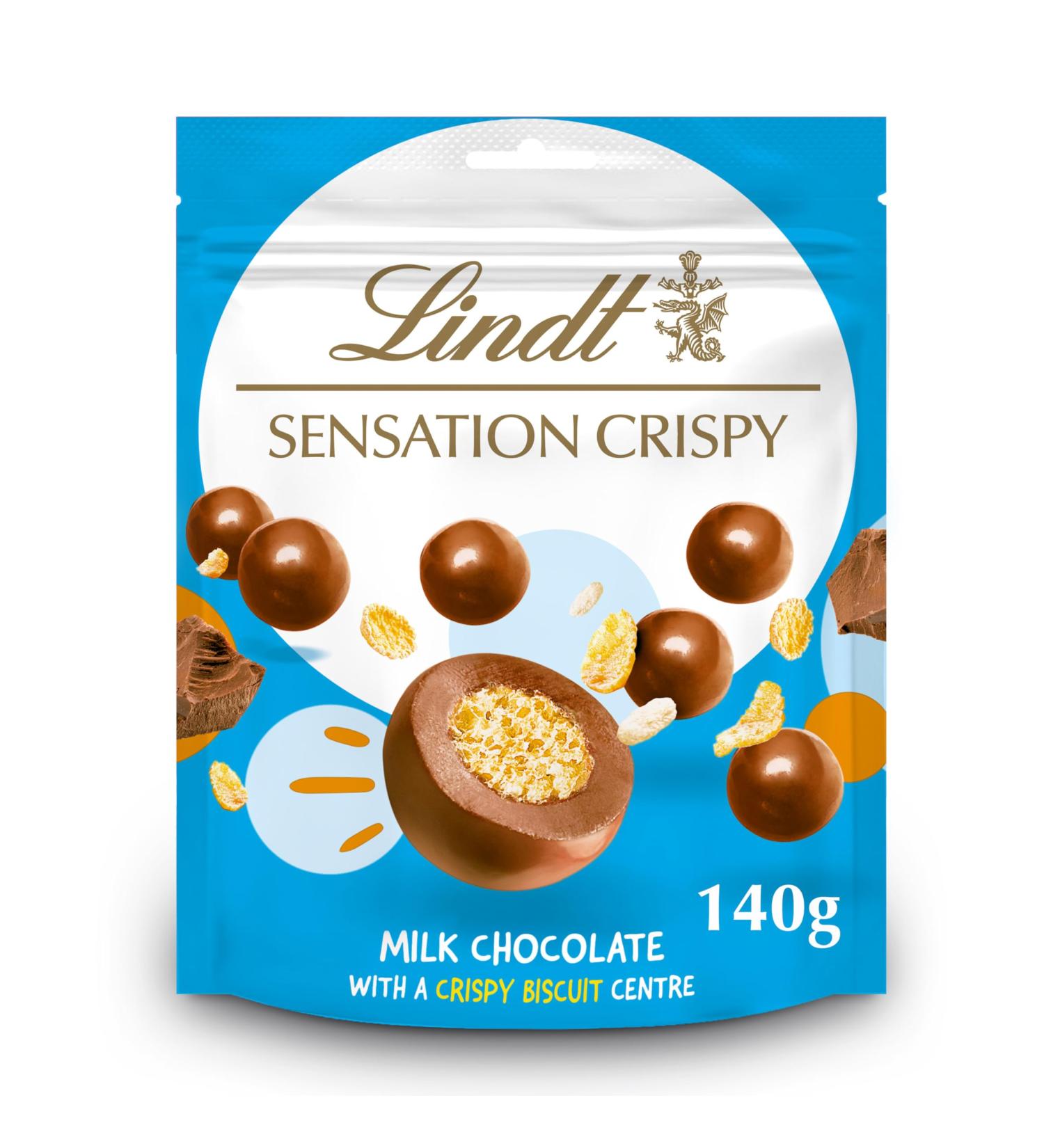  Lindt Lindt CRISPY SENSATION Milk chocolate crunchy center sensations 140g pouch - Buy Online on GoSupps.com