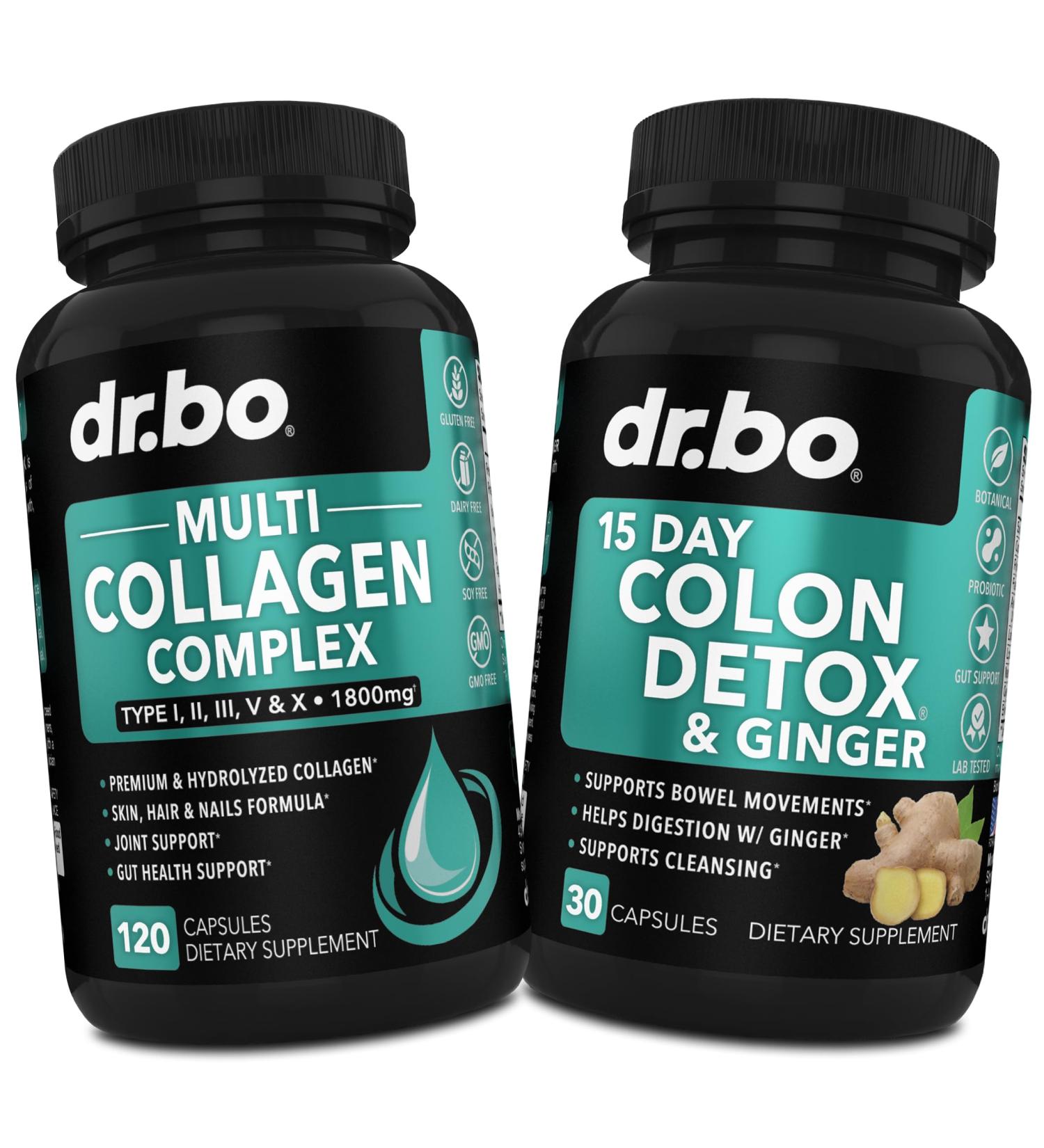 Collagen Peptides & Colon Cleanse Detox - 15 Day Colon Cleanse Pills & Ginger - Multi Collagen for Women & Men Complex Capsules Skin Hair & Nails - Bowel Movement Supplements for Stomach Bloating - Buy Online on GoSupps.com