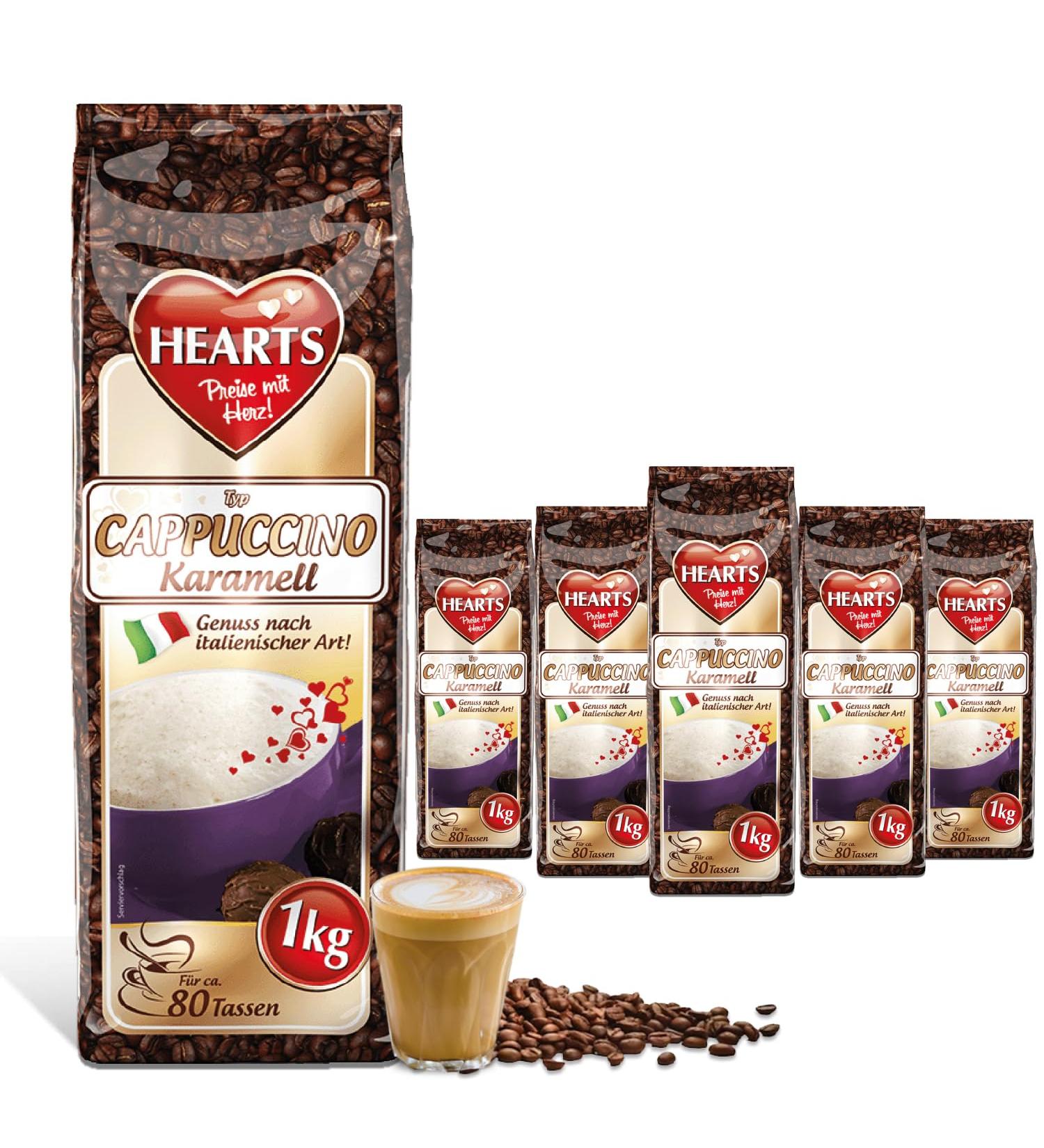 Hearts Cappuccino Caramel 5 x 1 kg instant coffee powder easily soluble pack of 5 approx. 400 cups - Buy Online on GoSupps.com