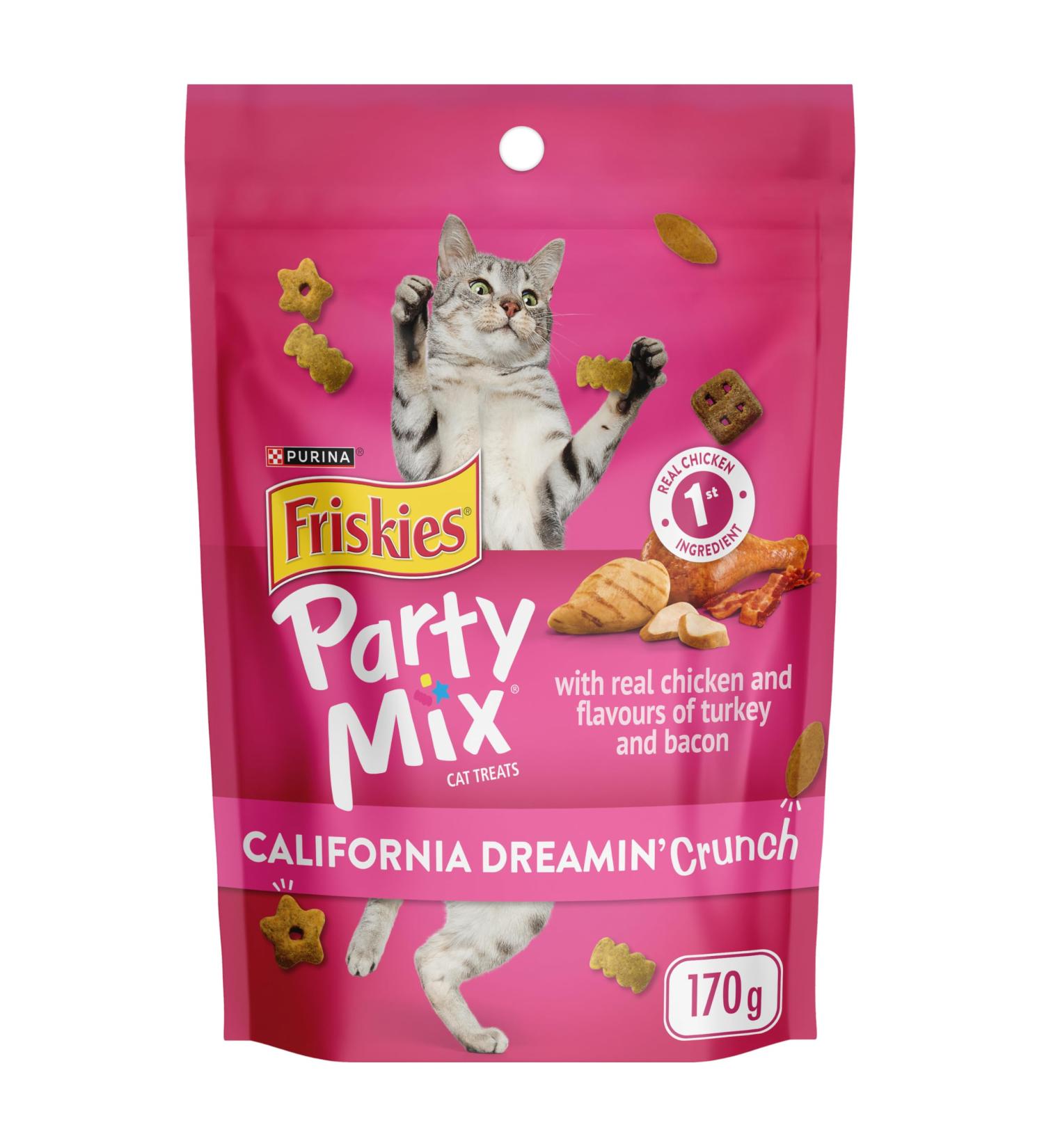 Friskies Party Mix Cat Treats California Dreamin' Crunch Real Chicken - 170 g Pouch (1 Pack) California Dreamin' Crunch 170 g (Pack of 1) - Buy Online on GoSupps.com
