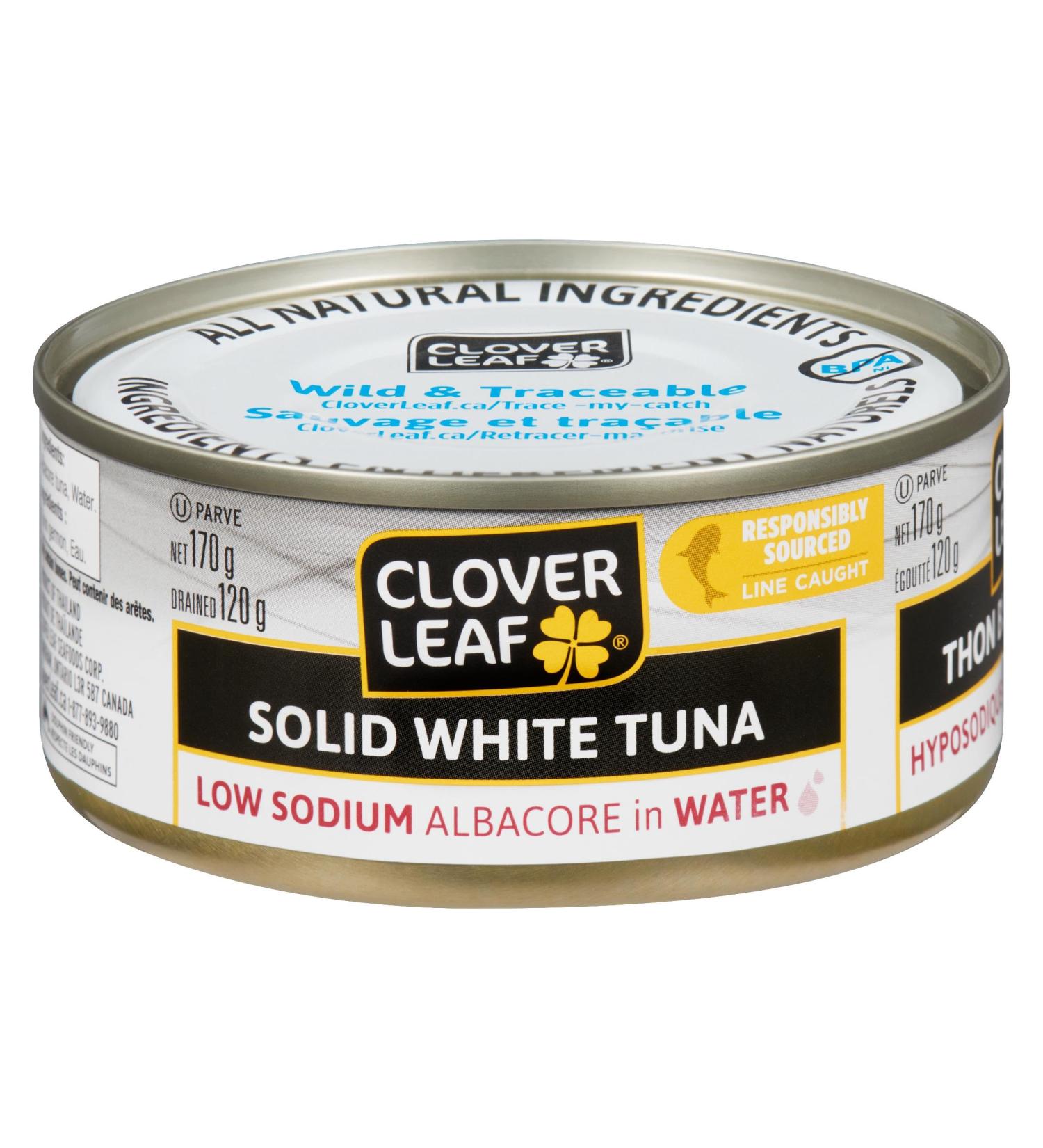 Clover Leaf Solid White Tuna Low Sodium Albacore In Water - 170g 24 Count - Canned Tuna - Excellent Source Of Protein - 16g Of Protein Per 55g Serving Drained - 100% Wild-Caught and Traceable Tuna - Buy Online on GoSupps.com