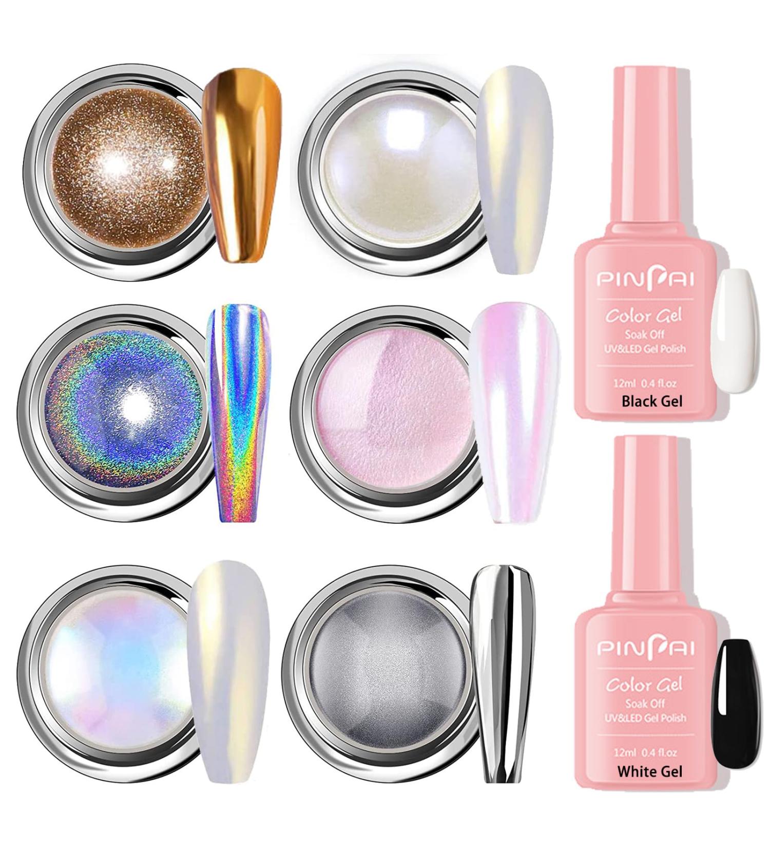 Chrome Nail Powder Kit with Black & White Gel Polish Set - Metallic Aurora Glazed Donut Glitter for Women & Girls - Manicure Gift Set - Buy Online on GoSupps.com
