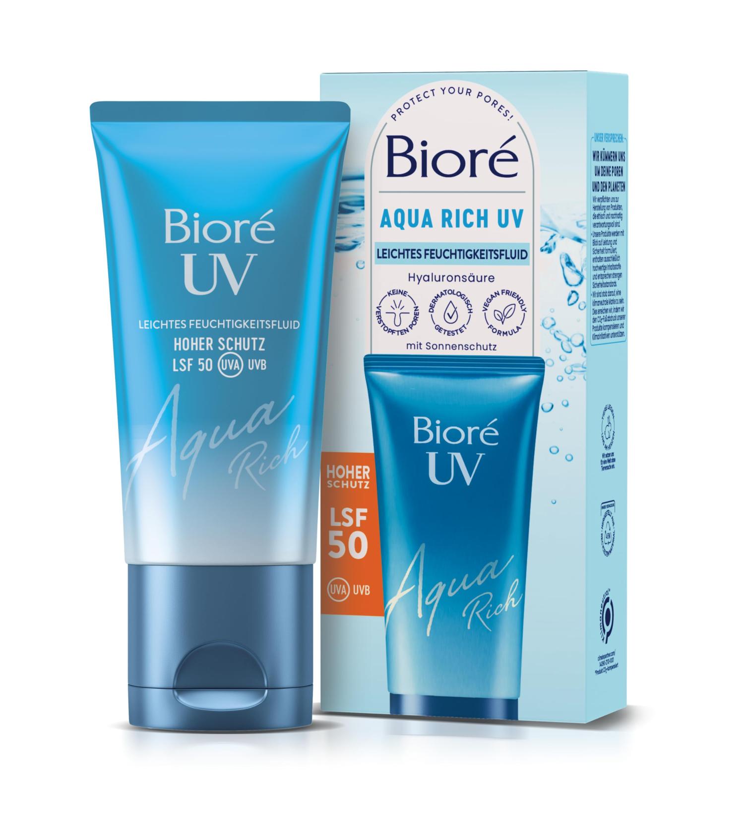 BIORE Aqua Rich UV - SPF 50 Light Moisture Fluid for Face - Non-Greasy UVA/UVB Sun Protection Ideal Under Makeup - 50ml - Buy Online on GoSupps.com