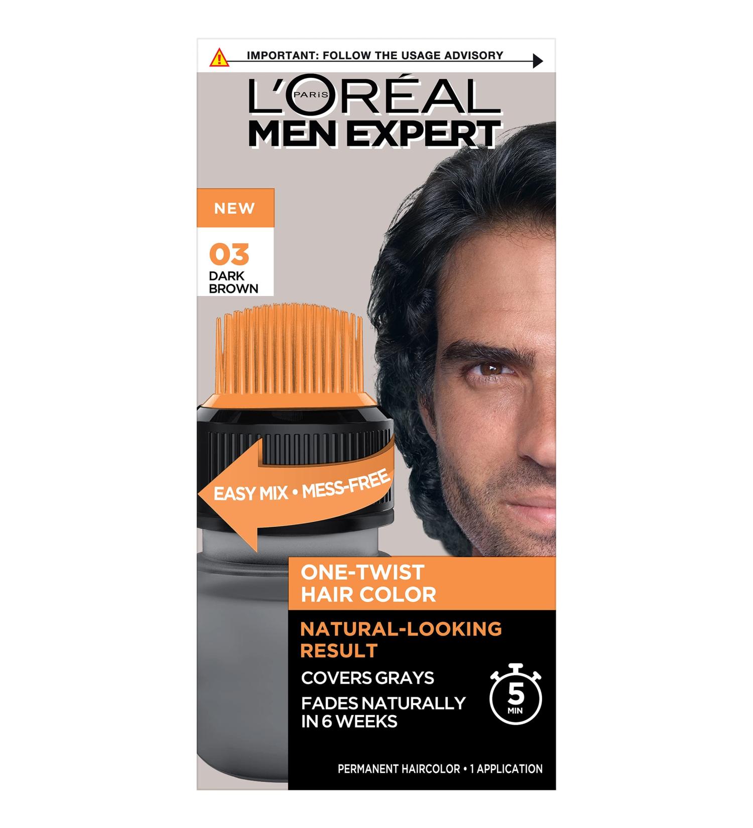L'Oreal Paris Men Expert One Twist Mess Free Dark Brown Hair Color - Ammonia Free, Covers Grays, Easy Application - 1 Kit - Buy Online on GoSupps.com