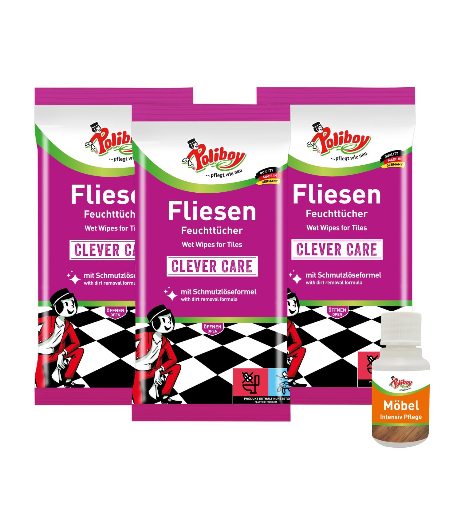 Poliboy tiles wet wipes - wet floor towels for wiping - 3x 15 towels - with product sample - made in Germany tiles 3 pieces (15 pack)