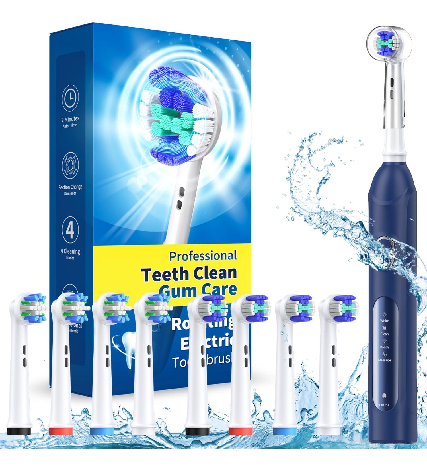 Rotating Electric Toothbrush for Adults with 8 Brush Heads (2 Types) 4 Modes Deep Clean Electric Toothbrush with Rechargeable Power and 2 Min Smart Timer Deepblue 4-deepblue - Buy Online on GoSupps.com