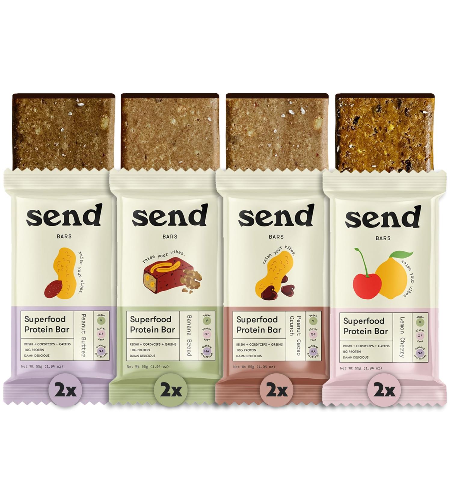Buy Send Bars Plant Protein Bars - Full Send Variety Box (8 Bars) - Lemon Cherry Peanut Butter Banana Bread & Peanut Cacao Crunch - International Shipping Available - Buy Online on GoSupps.com