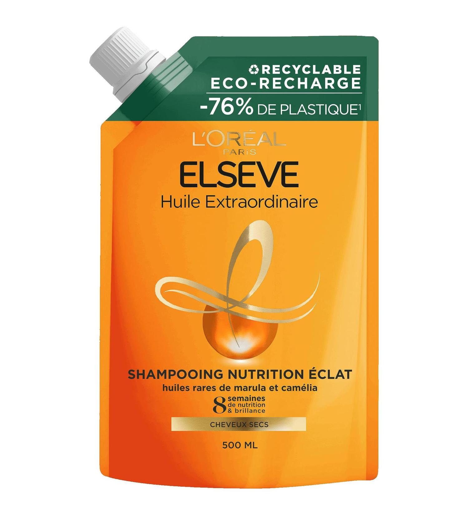 L'Or al Paris Elseve Huile Extraordinaire Nourishing Shine Shampoo Enriched with 6 Rare Flower Oils for Dry Hair Nourishes and Softens Hair Eco-pack Refill 500ml - Buy Online on GoSupps.com
