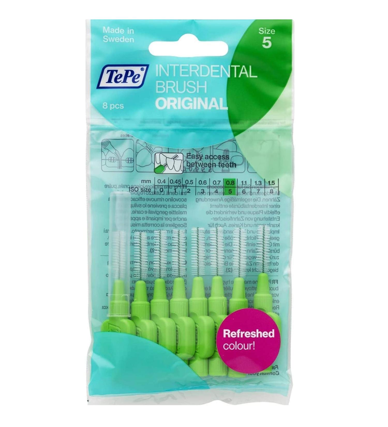 Green TePe Interdental Brushes 0.8 mm - 5 Packets of 8 (40 Brushes) by Tepe - Buy Online on GoSupps.com