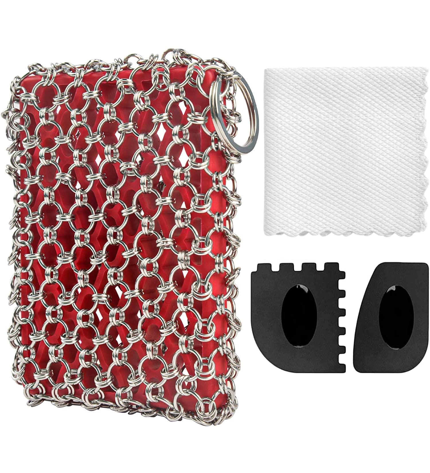 4 Pack Cast Iron Cleaner Set - Chainmail Scrubber, Pan Scraper, Grill Scraper, Kitchen Towel - Red - Buy Online on GoSupps.com