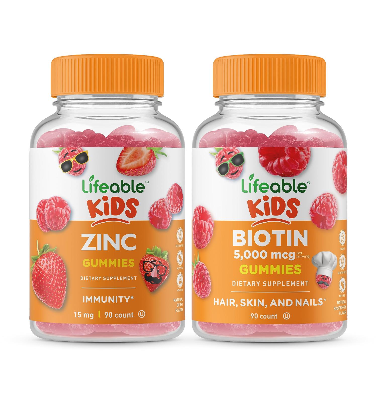 Lifeable Zinc Kids + Biotin Kids Gummies Bundle - Great Tasting Vitamin Supplement Gluten Free GMO Free Chewable Gummy - Buy Online on GoSupps.com