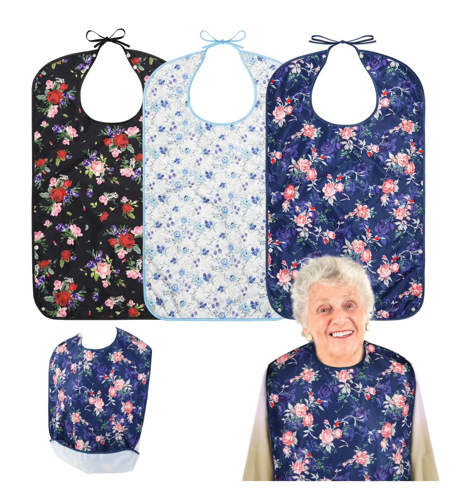 Roylvan 3-Pack Waterproof Adult Bibs - Washable with Push Buttons & Dirt Catchers for Men Women & Seniors - Blue White & Black - Buy Online on GoSupps.com