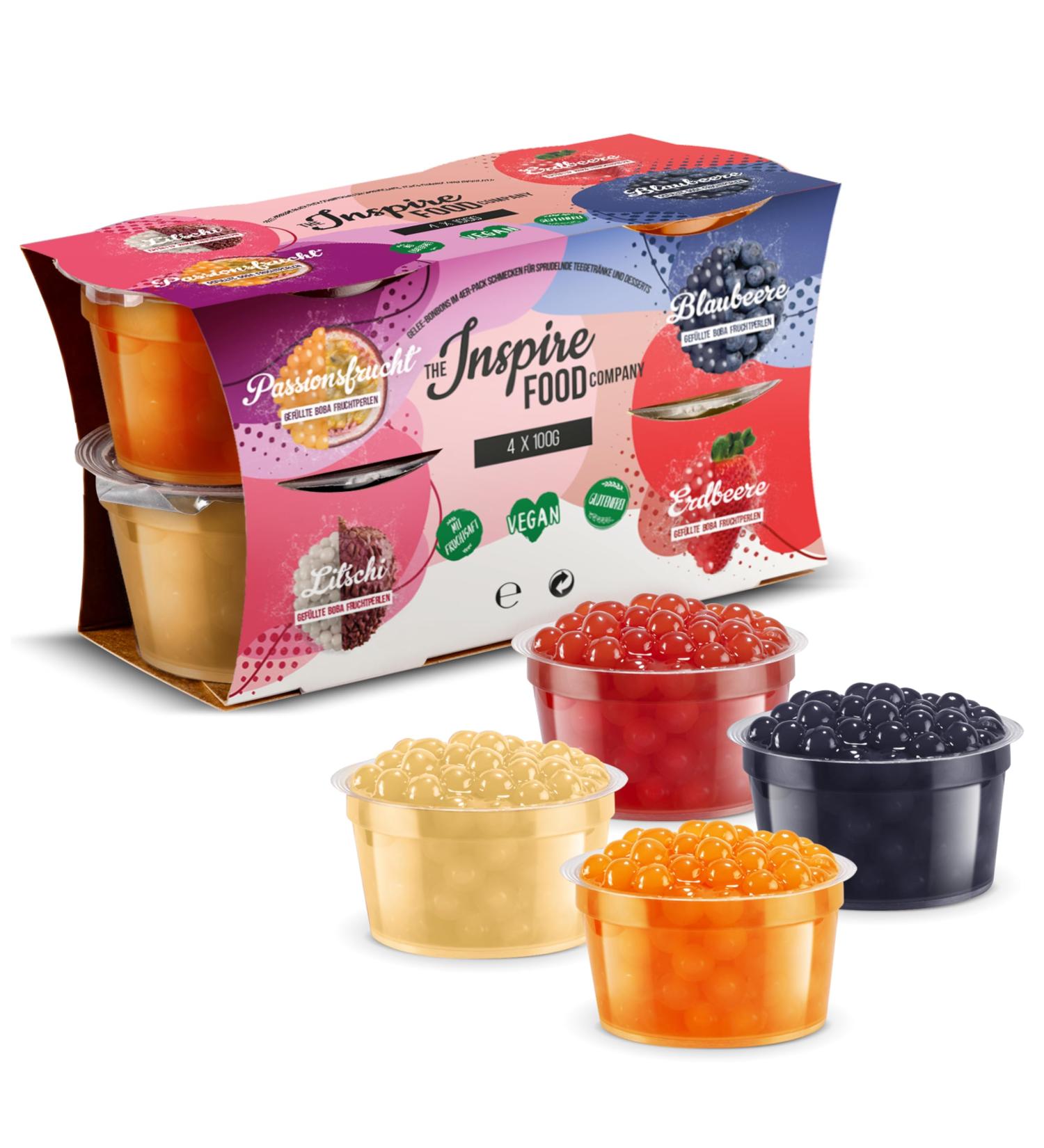 Inspire Food Bubble Tea Pearl Set - 4-Pack Popping Boba Fruit Beads | Vegan & Gluten-Free Tapioca Pearls | 100g Strawberry Maracuja Blueberry & Lychee - Buy Online on GoSupps.com