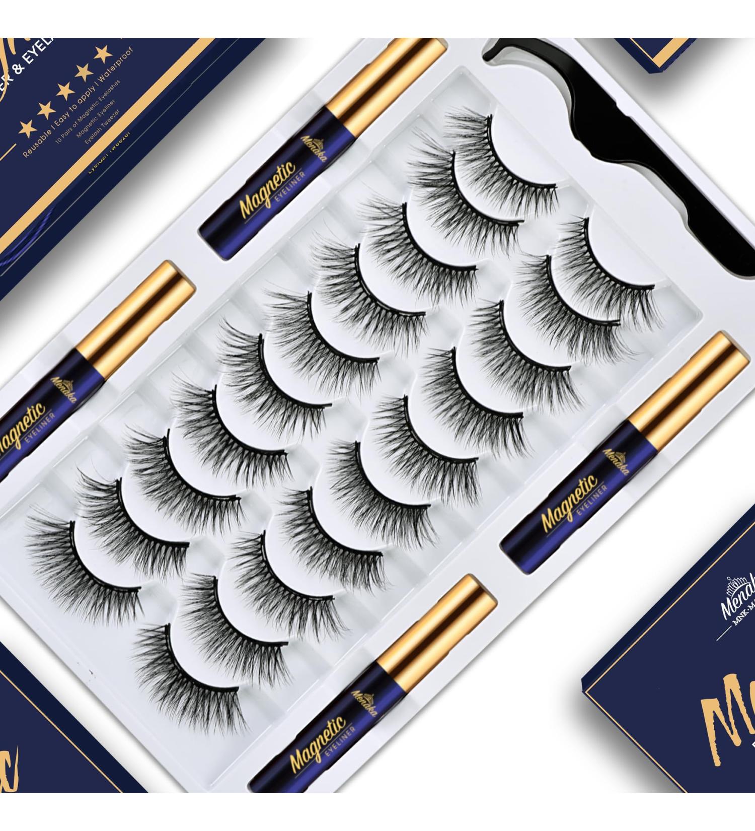 Menaka Magnetic Eyelashes Kit - 10 Pairs 3D Cat-Eye Lashes with Strong Waterproof Magnet Liner - Reusable & Natural Look - Buy Online on GoSupps.com