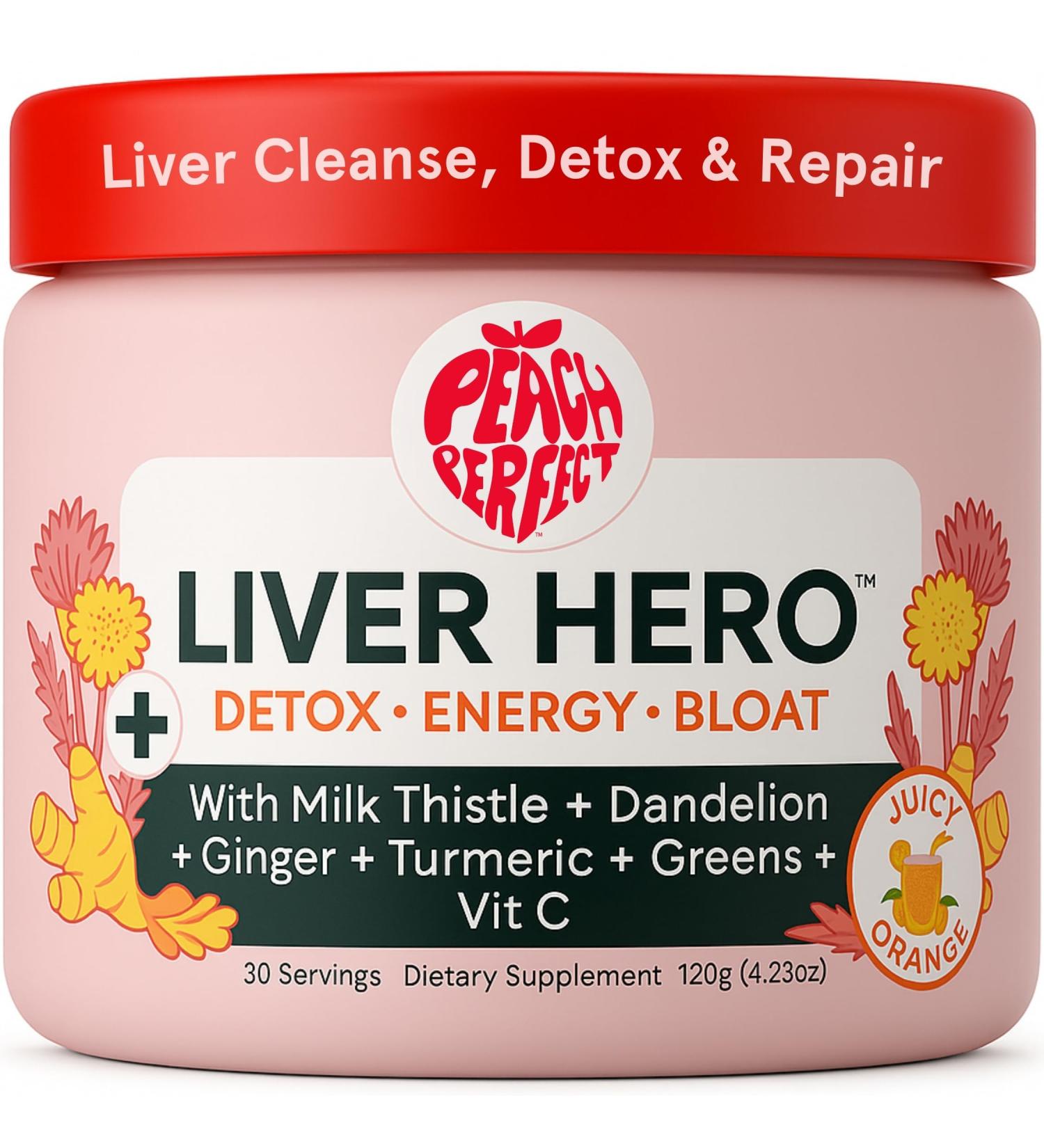 Peach Perfect Liver Hero Premium Liver Detox and Bloat Support Powder for Women | Milk Thistle Dandelion Turmeric Ginger Chlorophyll and Vitamin C | Daily Energy Digestion and Skin Clarity | Juicy Orange Flavor 30  - Buy Online on GoSupps.com