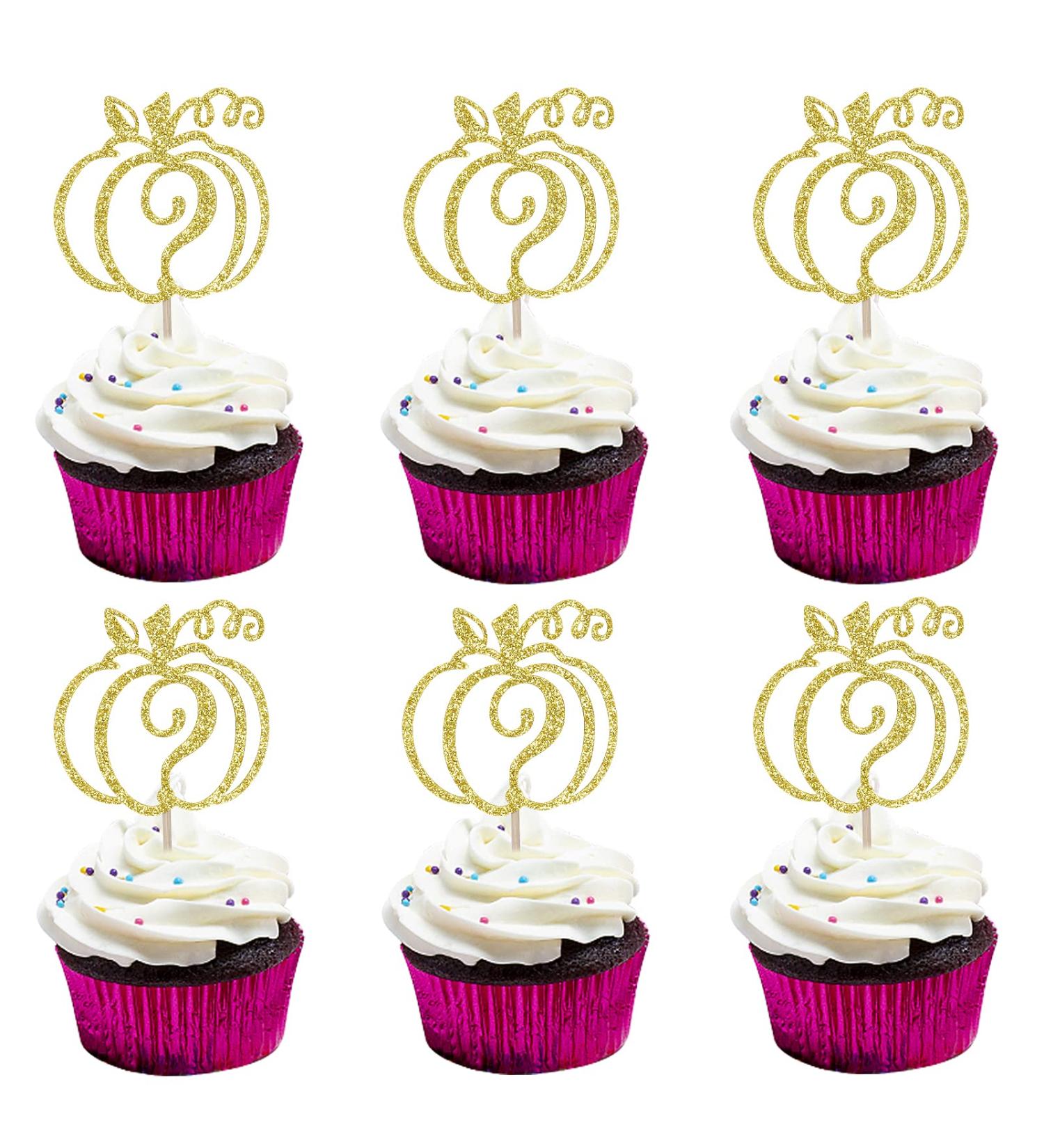 Gold Pumpkin Cupcake Toppers for Baby Shower Party Decorations