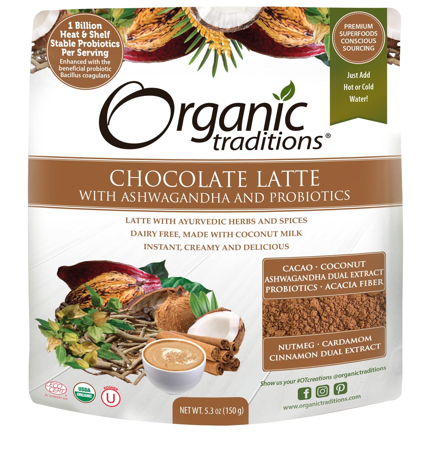 Organic Traditions Chocolate Latte with Ashwagandha & Probiotics - 5.3 oz (150 g) | Boost Wellness & Flavor - Buy Online on GoSupps.com