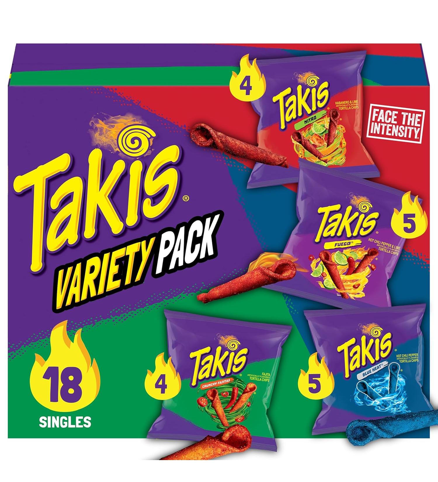 Takis 18 pc / 1 oz Variety Pack, Assorted Flavored Mixed Rolled Tortilla Chips – (5) Fuego 1 oz, (5) Blue Heat 1 oz, (4) Nitro 1 oz, (4) Crunchy Fajitas 1 oz - Buy Online on GoSupps.com