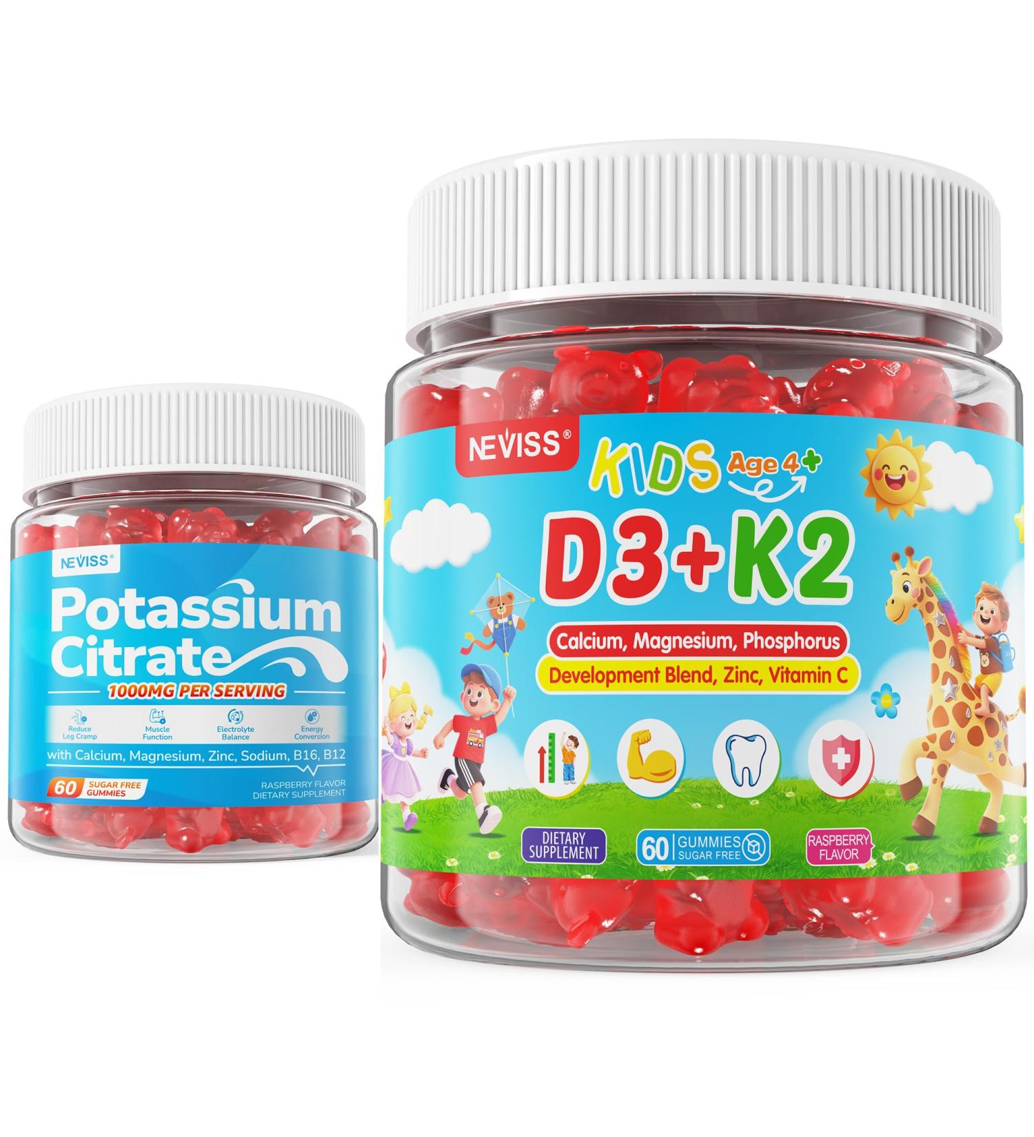 Kids Vitamin D3 K2 Gummies 2 Pack + Potassium Citrate Gummies 2 Pack - Buy Online on GoSupps.com