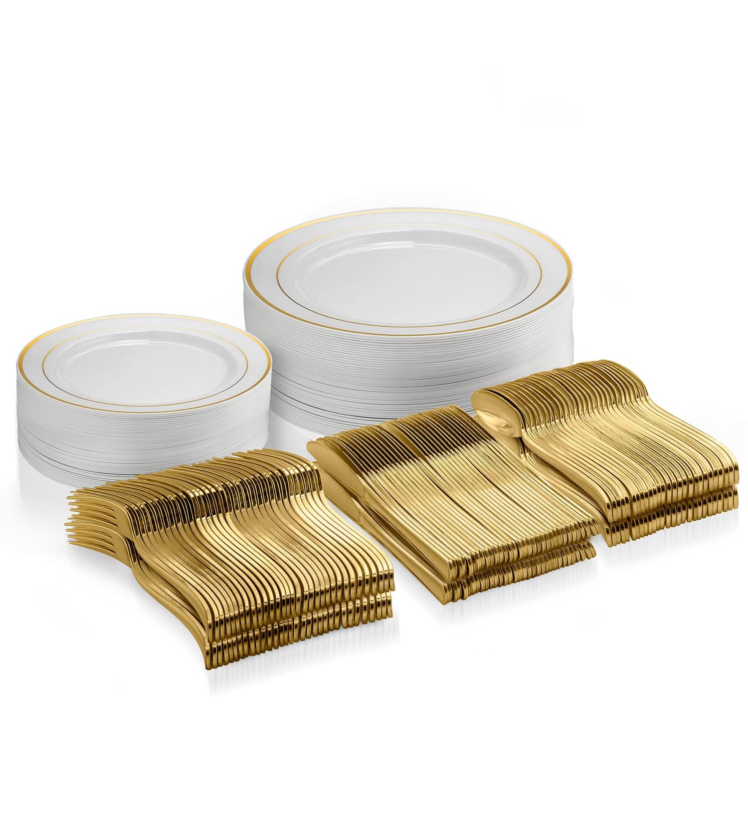 125 Piece Gold Dinnerware Party Set - Elegant Disposable Plates and Silverware for 25 Guests - Perfect for Weddings and Birthday Parties - Buy Online on GoSupps.com