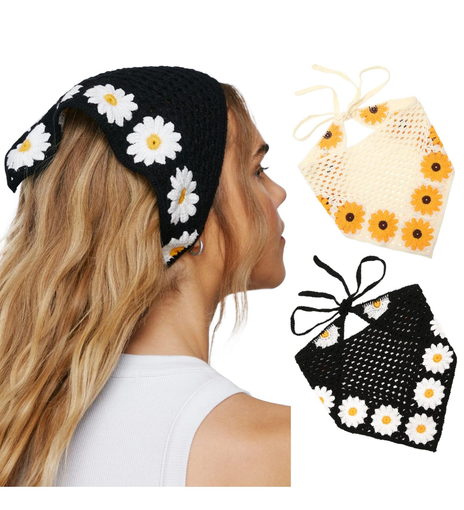 Floral Crochet Hair Bandanas 2PCS Women Hairbands | Daisy Print Knitted Headscarf Vintage Hair Scarf - Buy Online on GoSupps.com