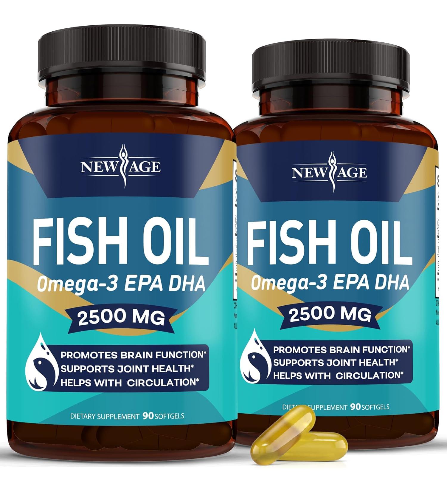 New Age Omega 3 Fish Oil 2500mg Supplement - 2 Pack, Immune & Heart Support, Joint, Eye, Brain & Skin Health - Non GMO, EPA DHA Fatty Acids, 180 Softgels, Gluten Free - Buy Online on GoSupps.com