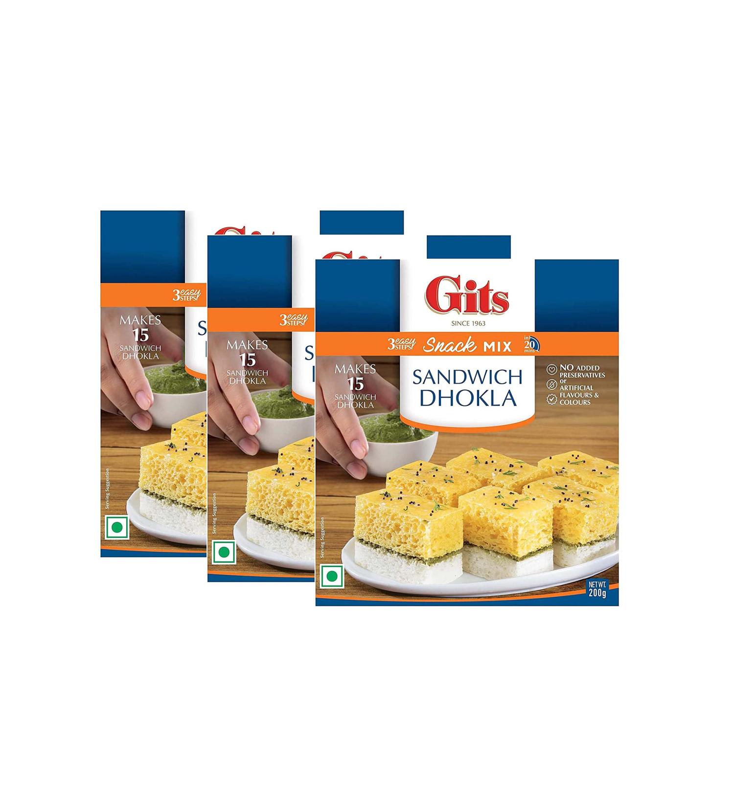 Gits Sandwich Dhokla Instant Snack Mix 200g - Popular Gujarati Savory Snack Makes 15 Sandwich Dhokla (Pack of 3) - Buy Online on GoSupps.com
