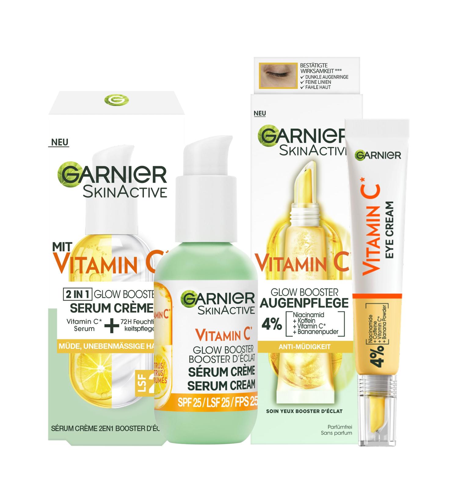 Garnier Vitamin C Glow Booster Set | Anti-Tired Eye Care & Serum Cr me | Radiant Even Skin | Skinactive 2-Part Set - Buy Online on GoSupps.com